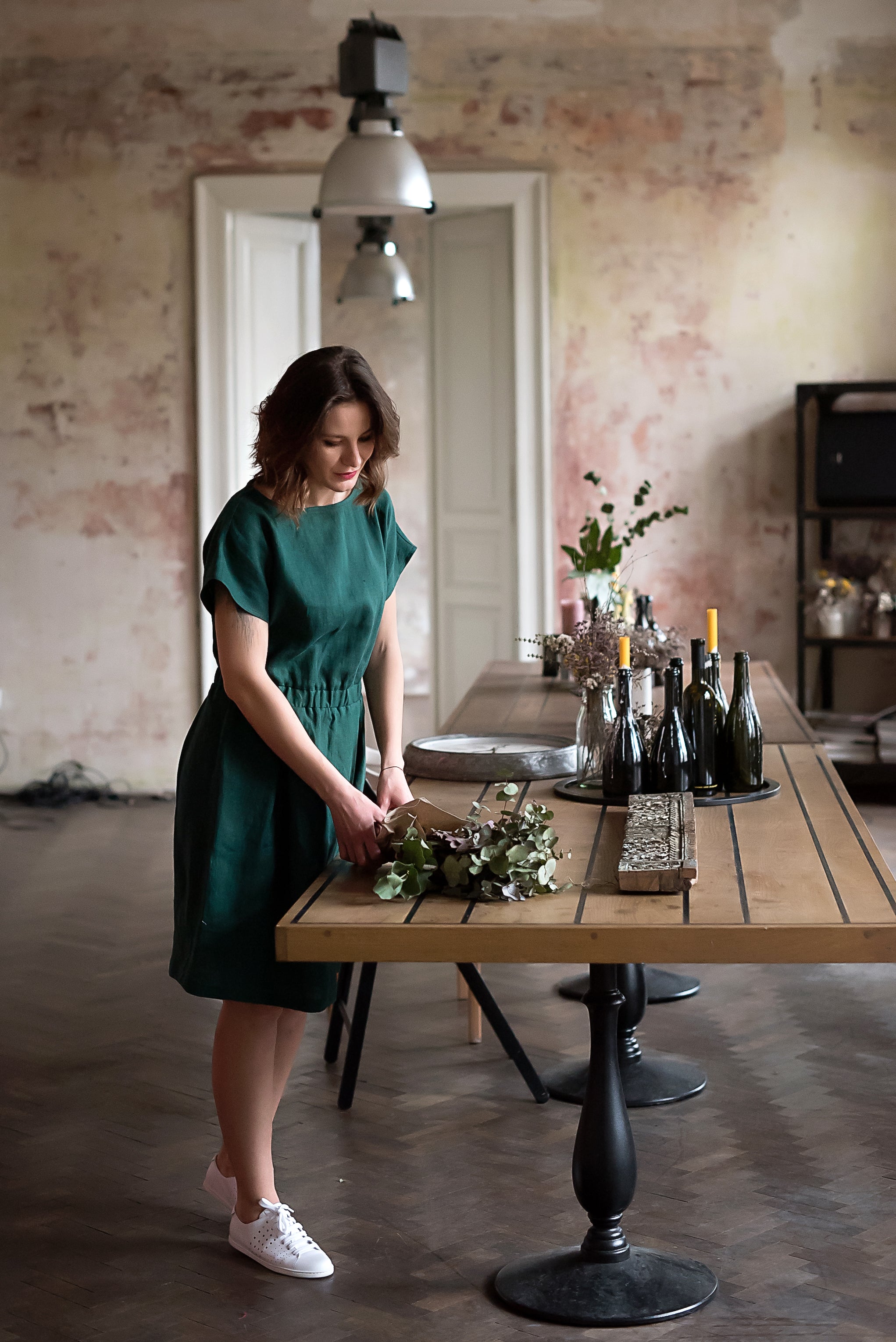 Linen Dress with Elasticated Waist Play Forest Green