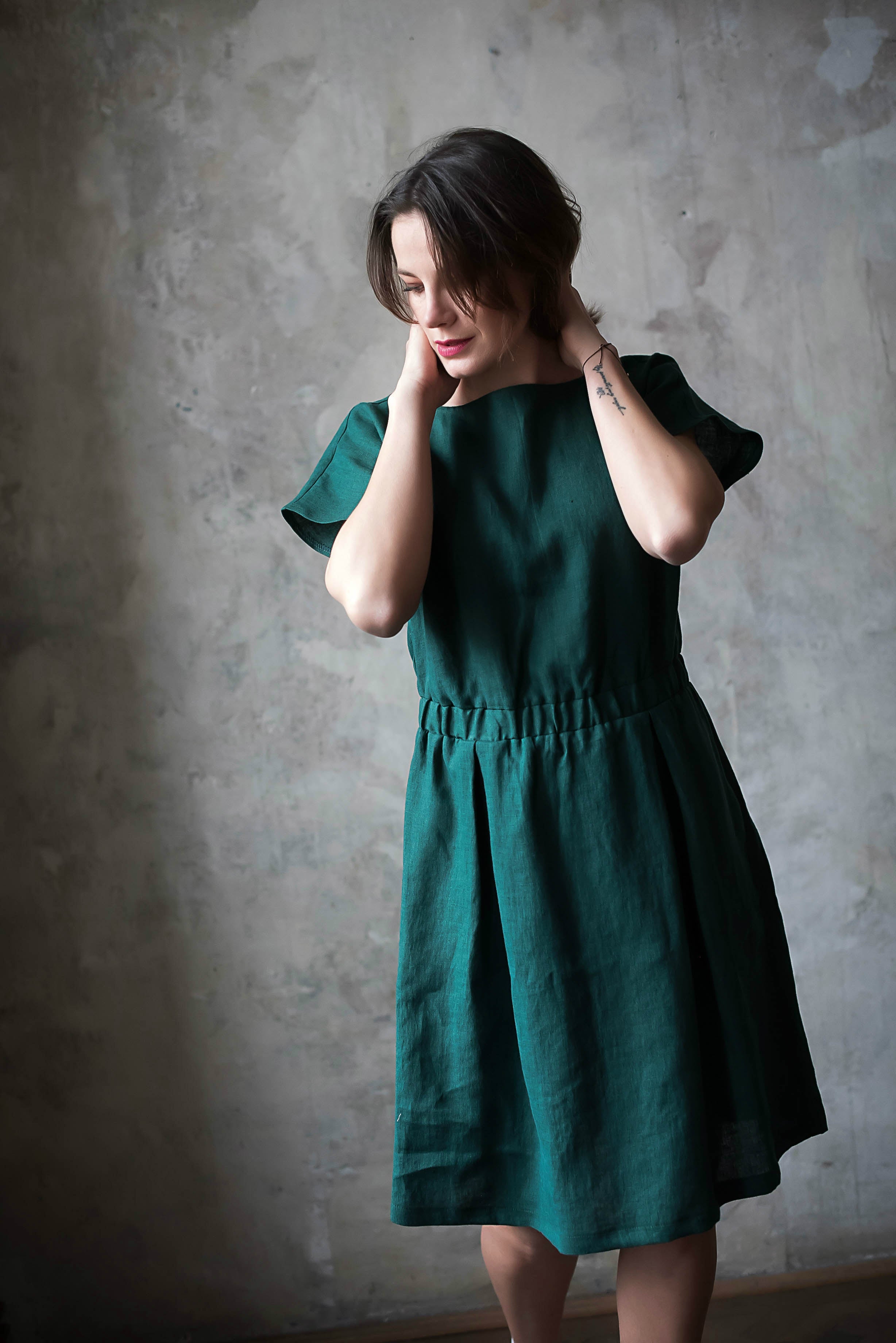 Linen Dress with Elasticated Waist Play Forest Green
