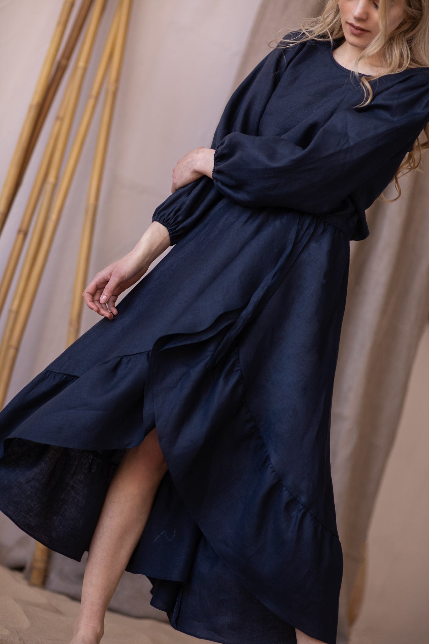 Story Ruffled Asymmetrical Linen Dress Navy
