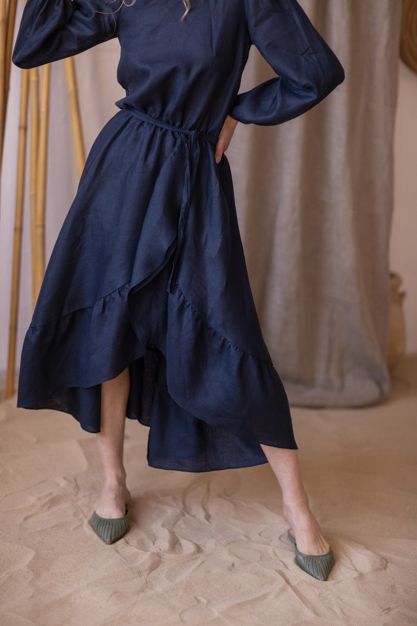 Story Ruffled Asymmetrical Linen Dress Navy