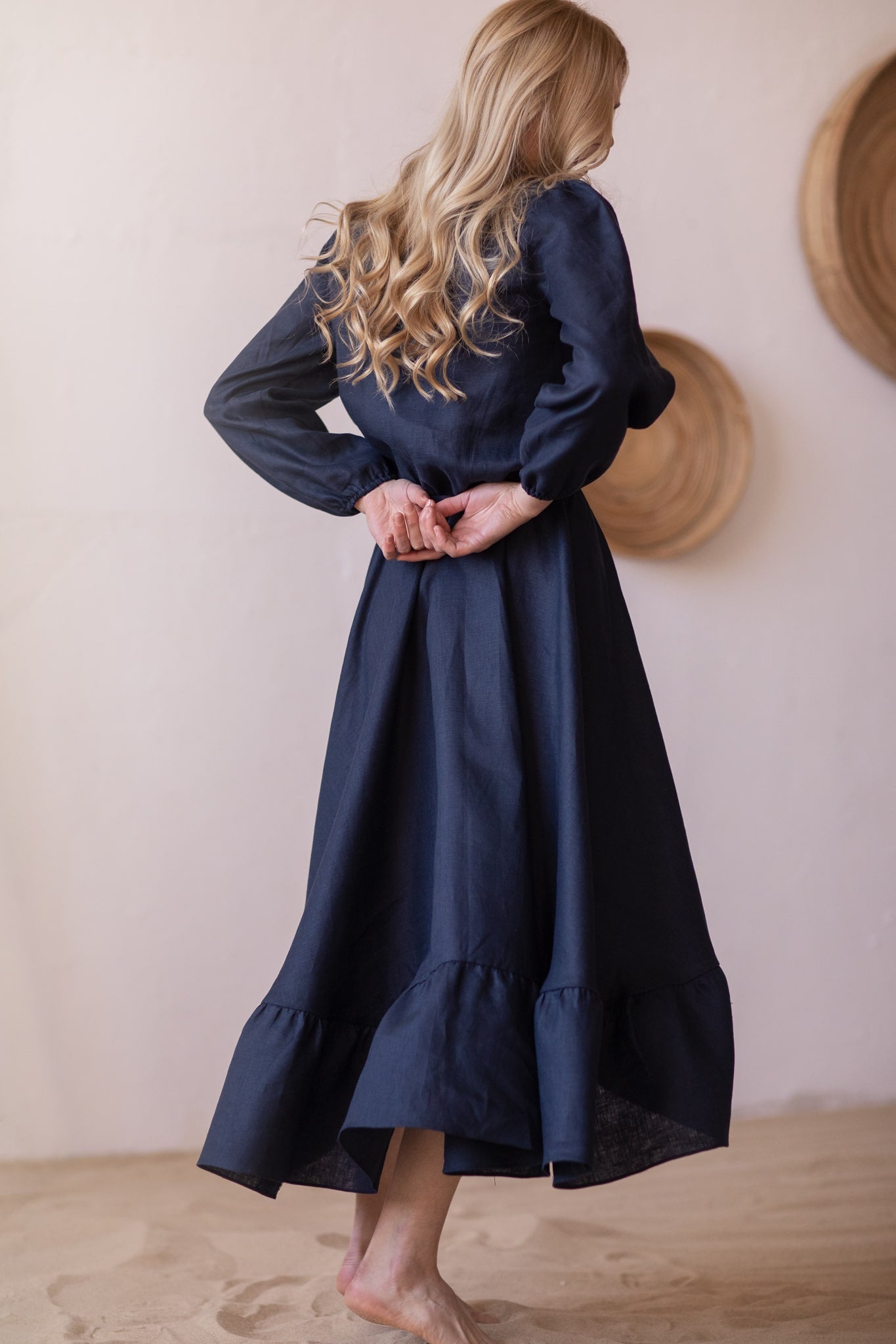 Story Ruffled Asymmetrical Linen Dress Navy