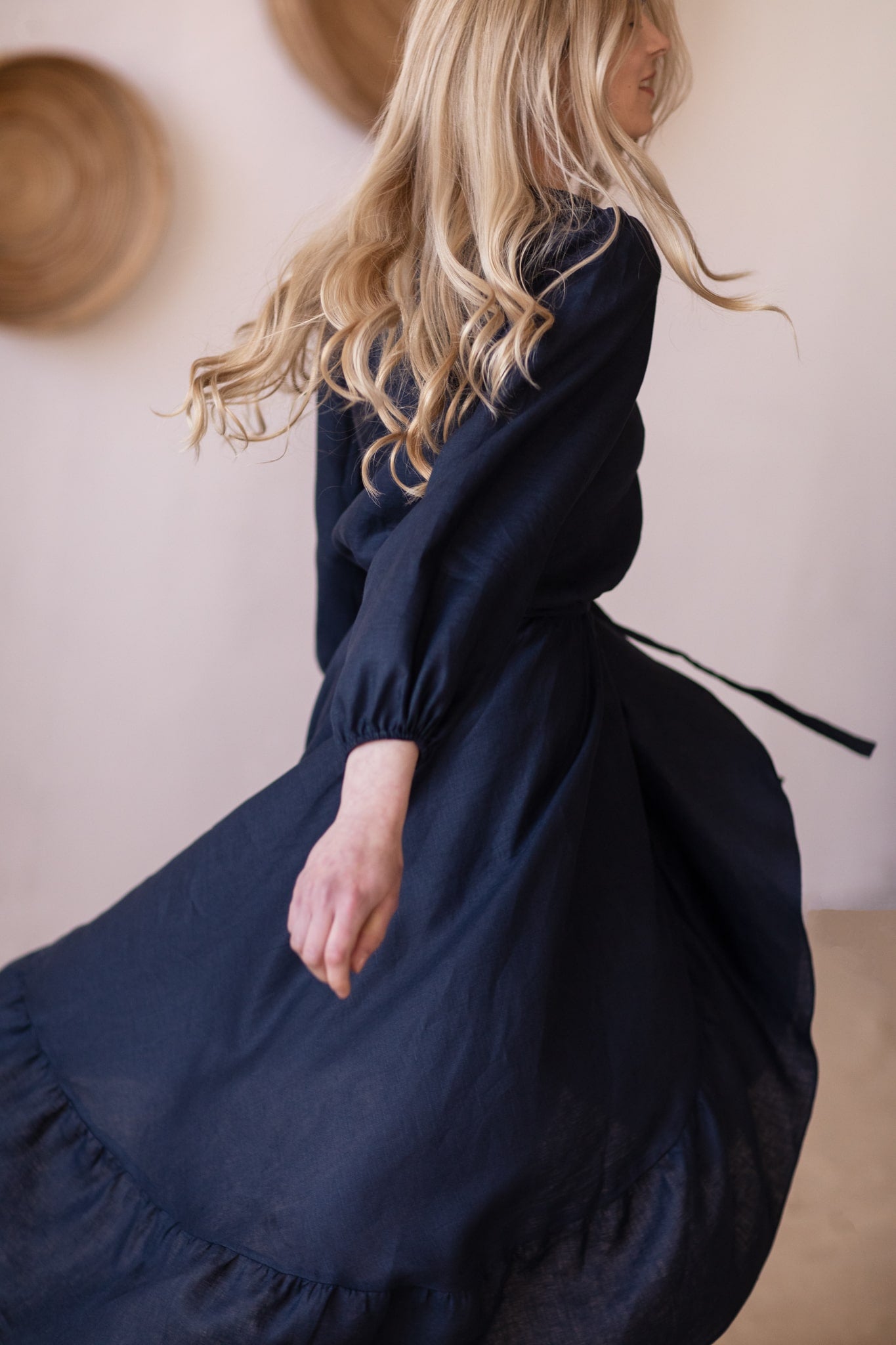 Story Ruffled Asymmetrical Linen Dress Navy