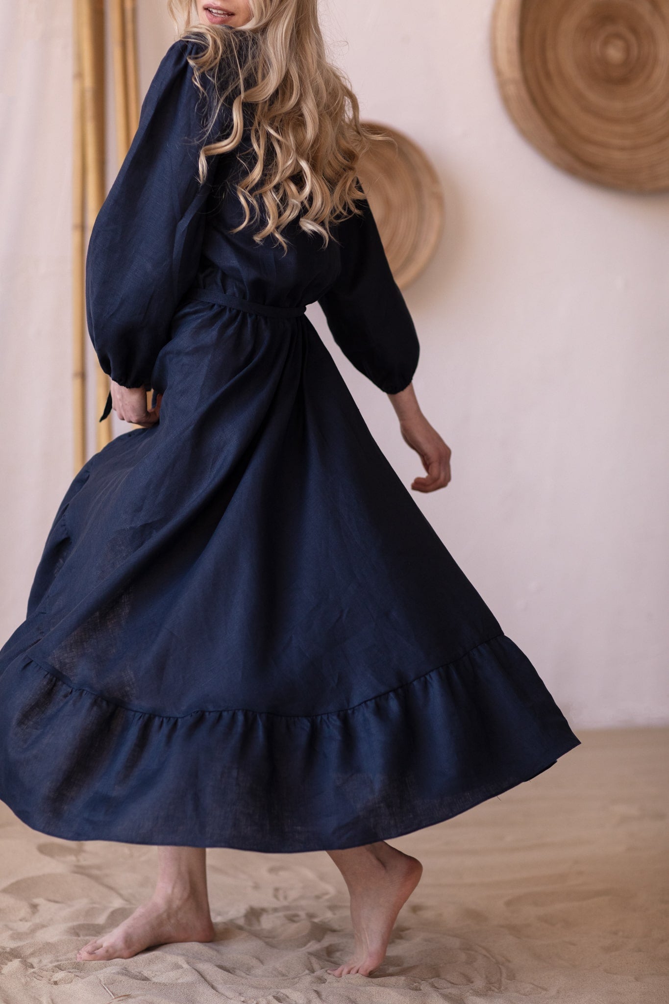 Story Ruffled Asymmetrical Linen Dress Navy