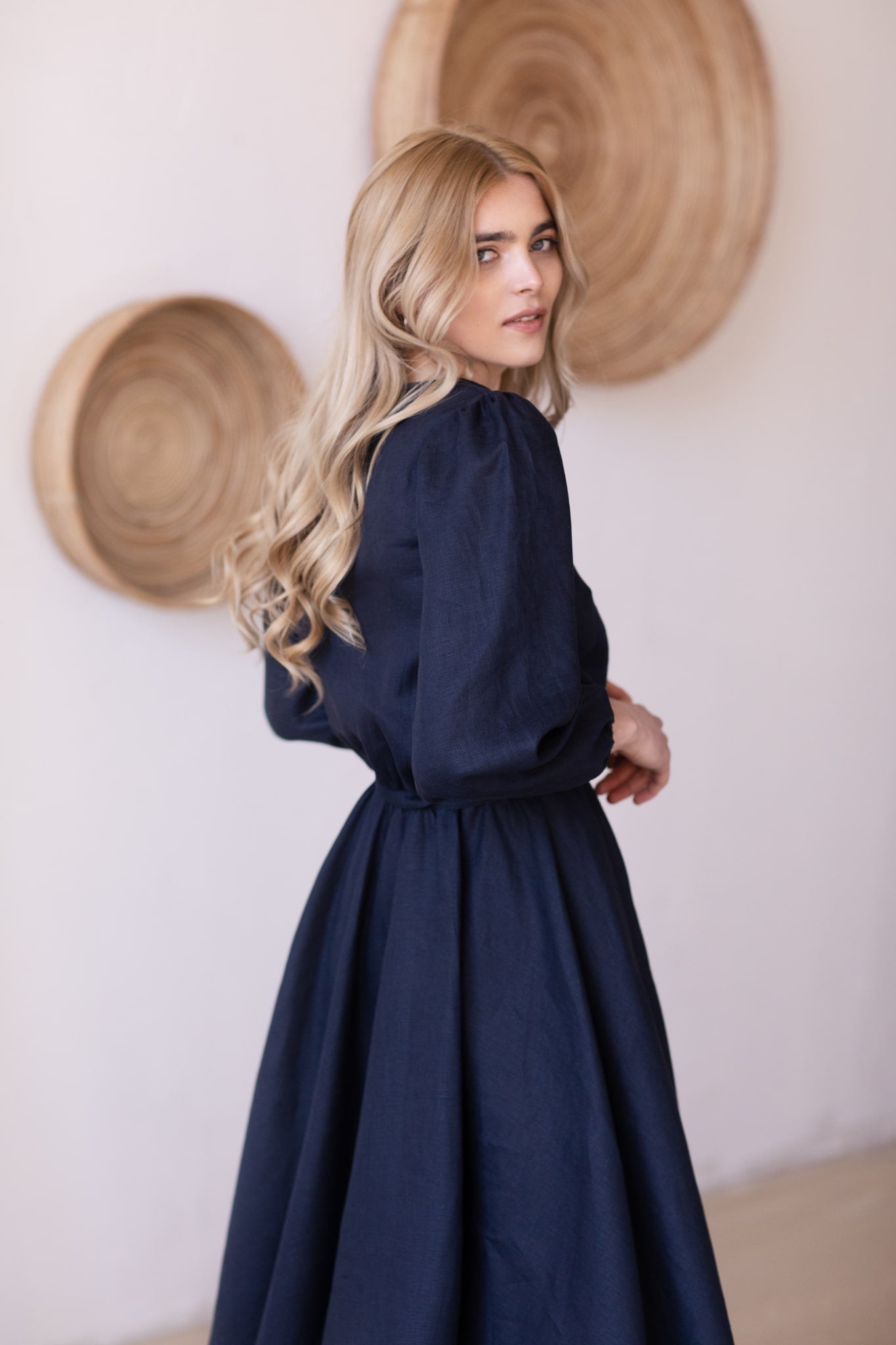 Story Ruffled Asymmetrical Linen Dress Navy