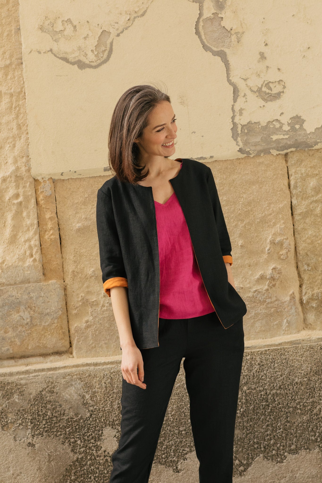 Double-sided Linen Jacket Capri Black-Orange