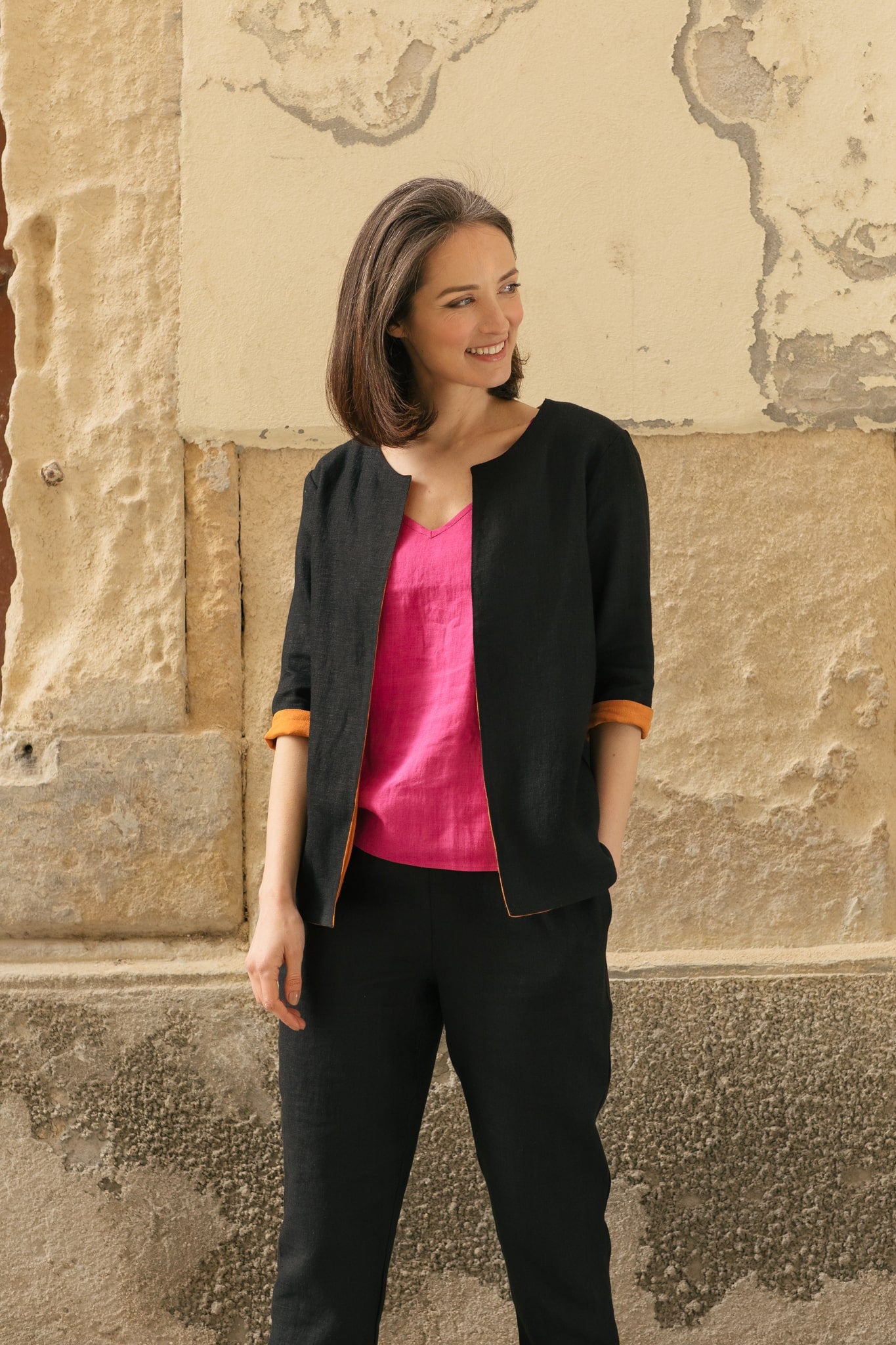 Double-sided Linen Jacket Capri Black-Orange