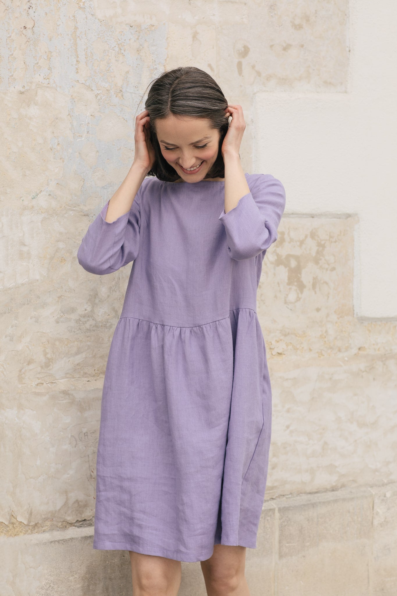 Gathered Linen Dress Anne Lavender