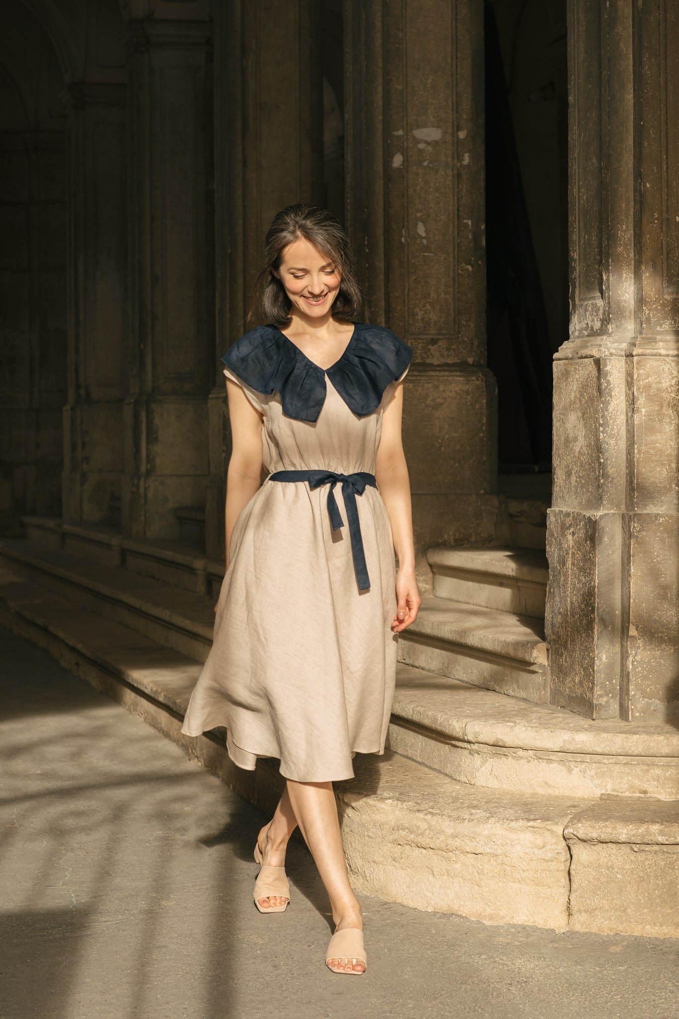 Juliette Linen Dress Sand/Navy