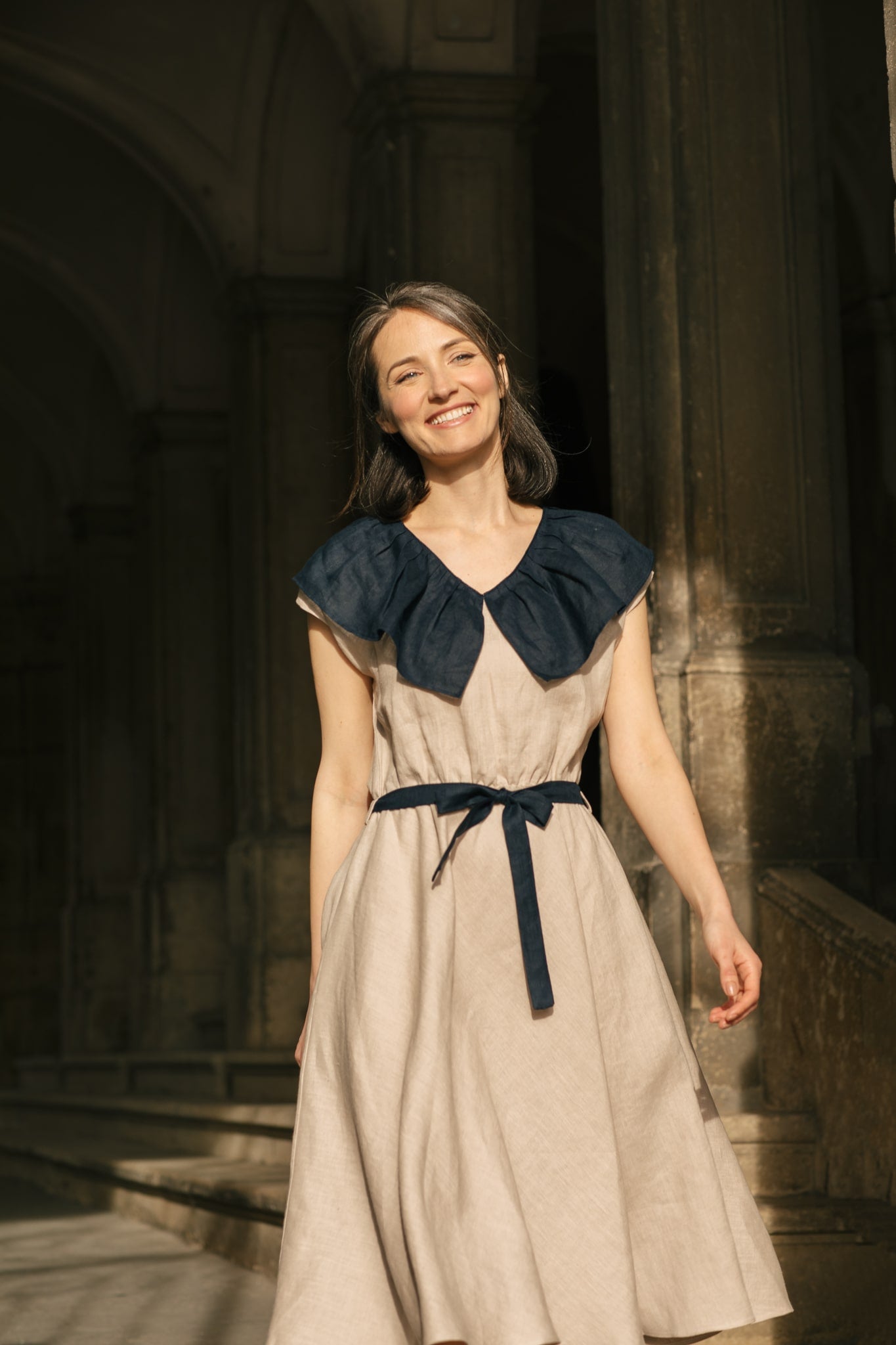 Juliette Linen Dress Sand/Navy
