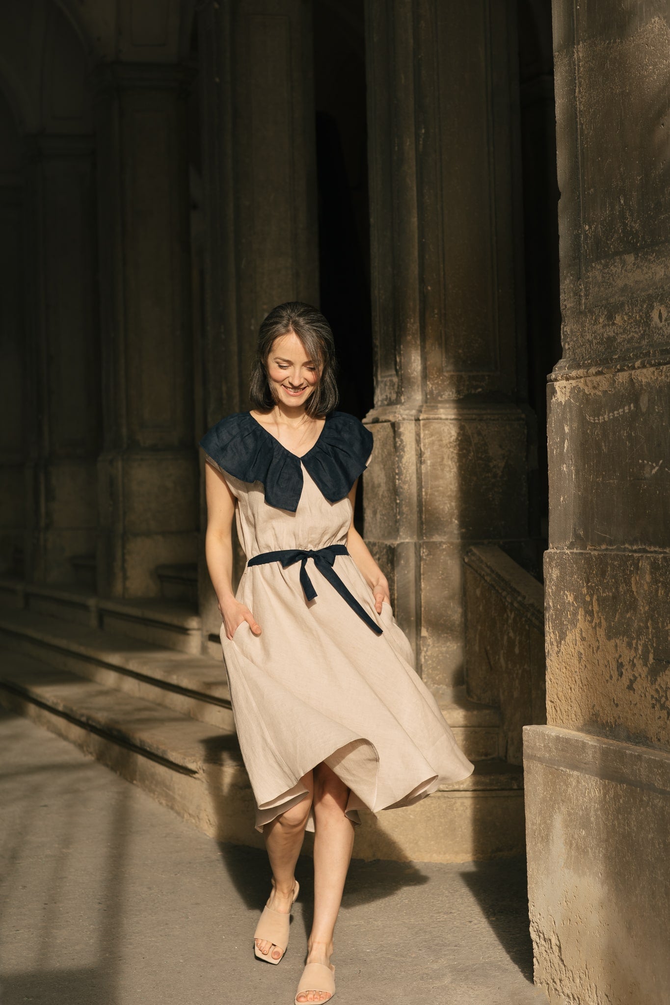Juliette Linen Dress Sand/Navy