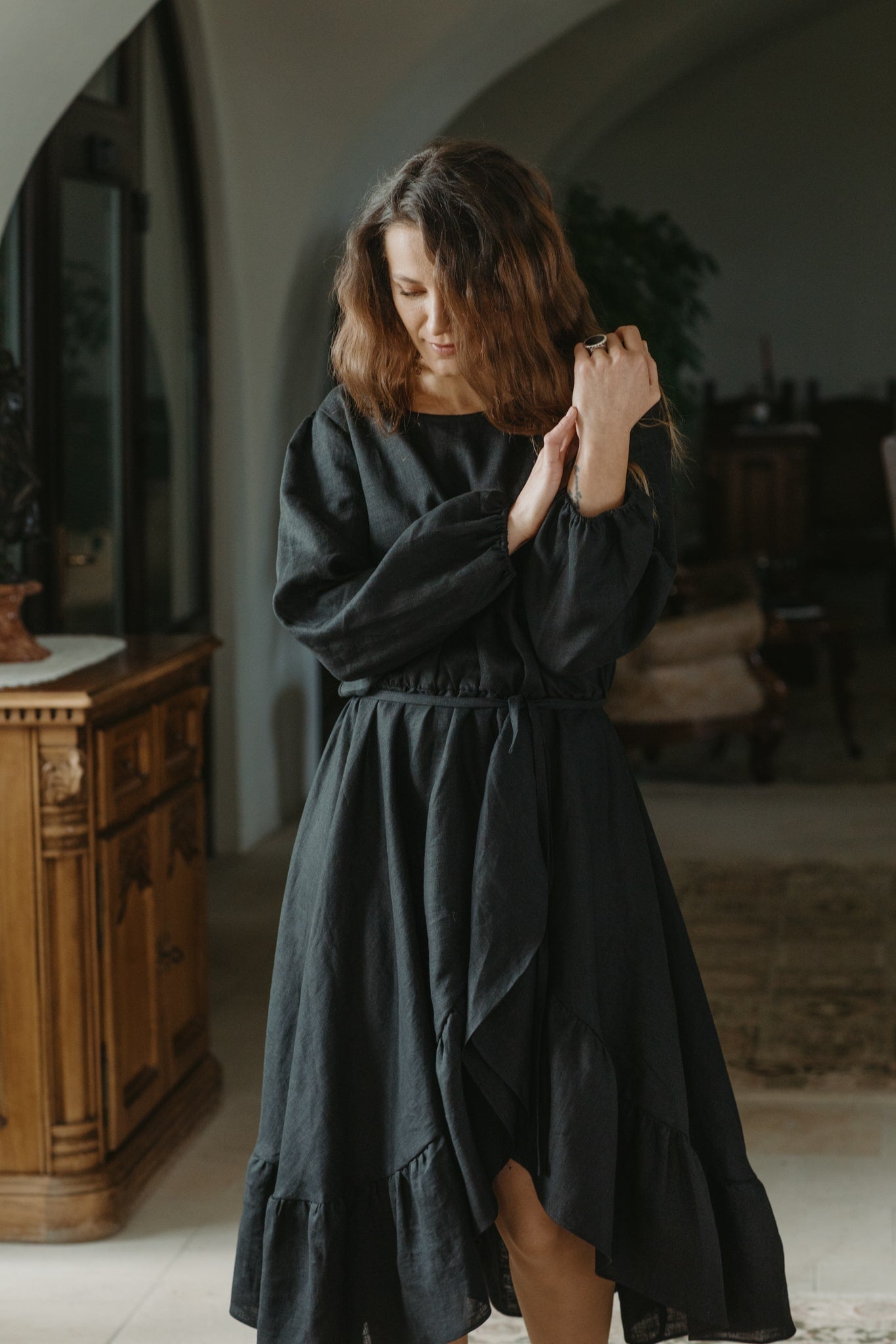 Story Ruffled Asymmetrical Dress Black