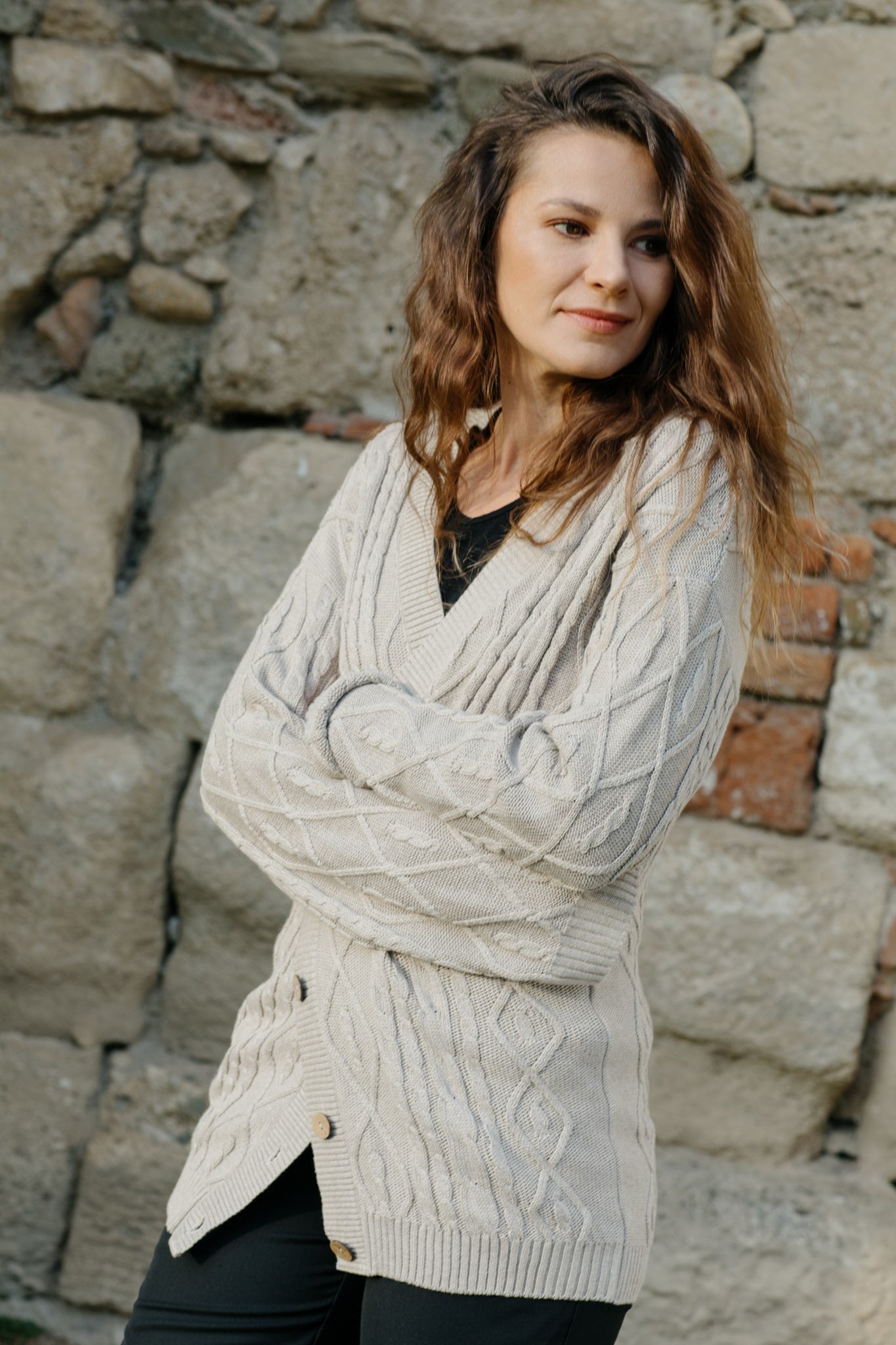 Cable Knit Cardigan in Organic Cotton and Merino Wool
