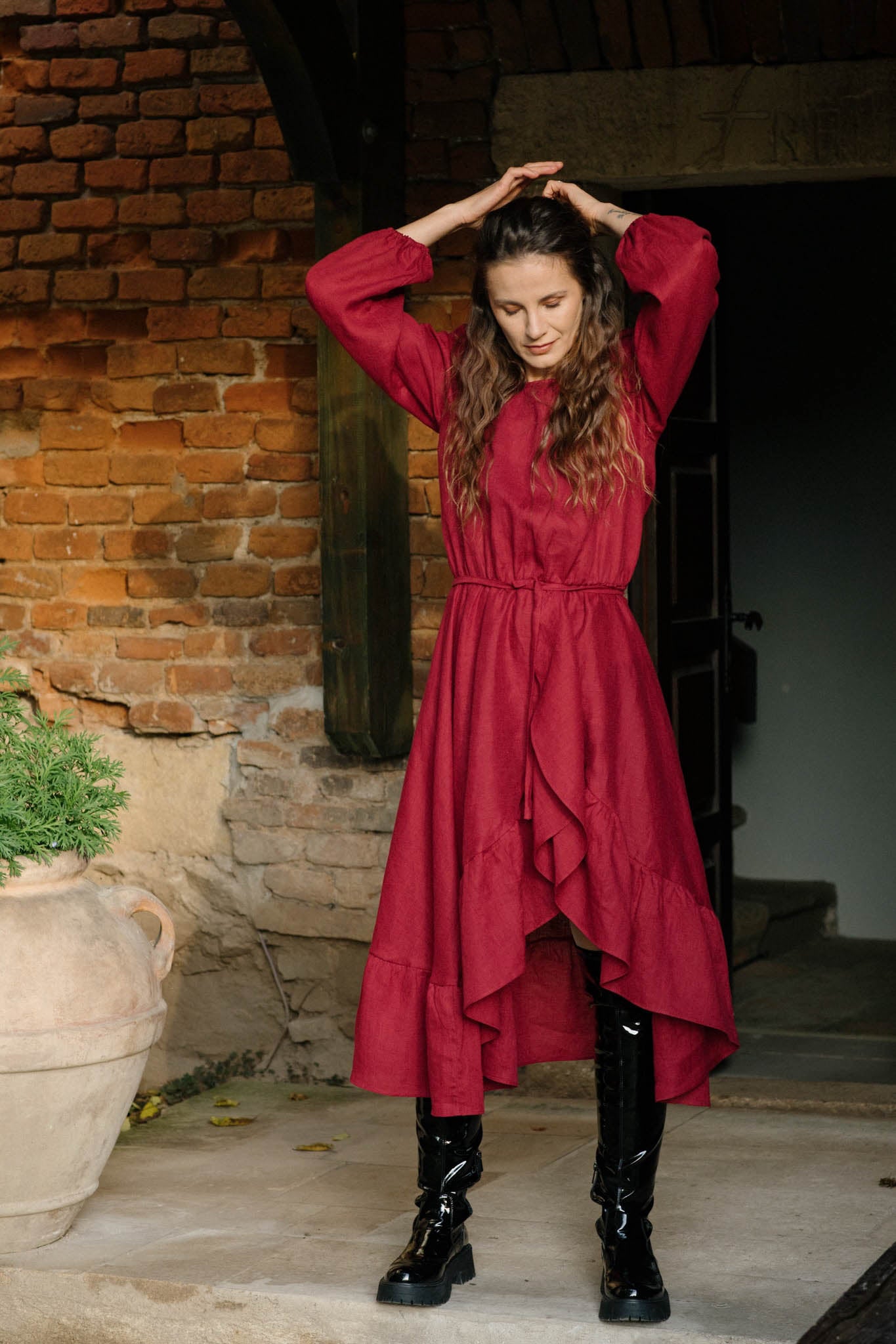 Story Ruffled Asymmetrical Dress Burgundy