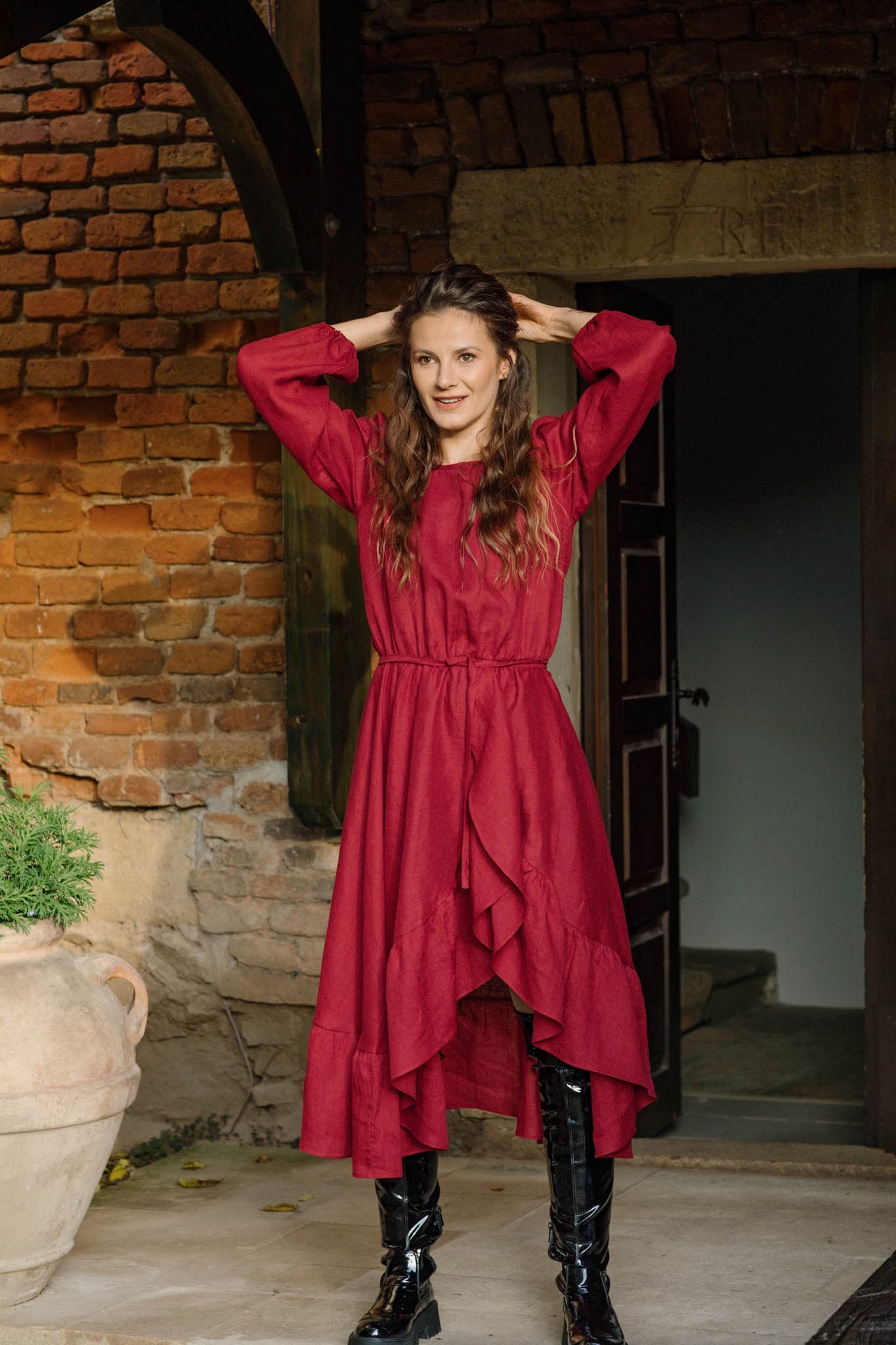 Story Ruffled Asymmetrical Dress Burgundy