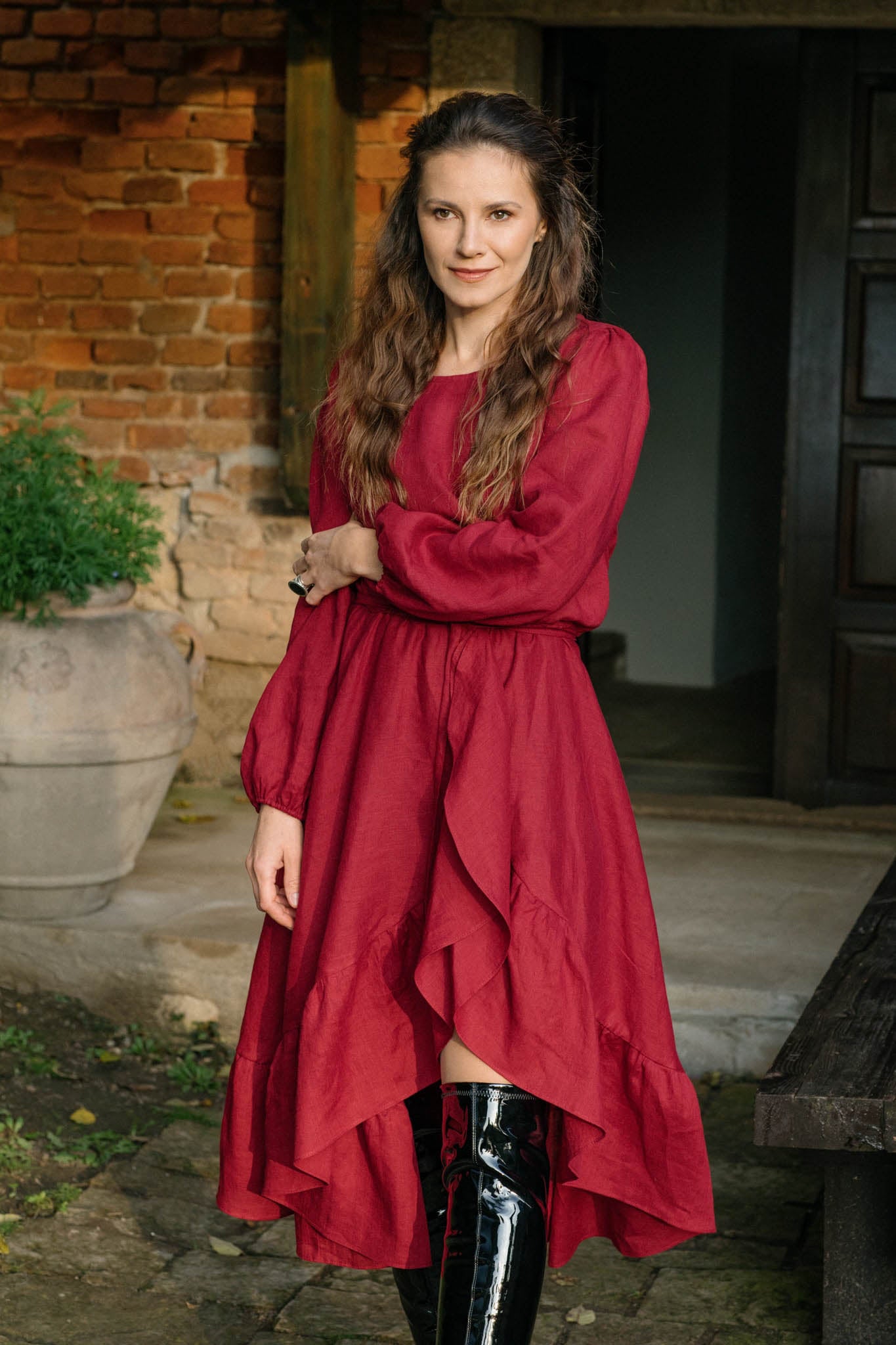 Story Ruffled Asymmetrical Dress Burgundy