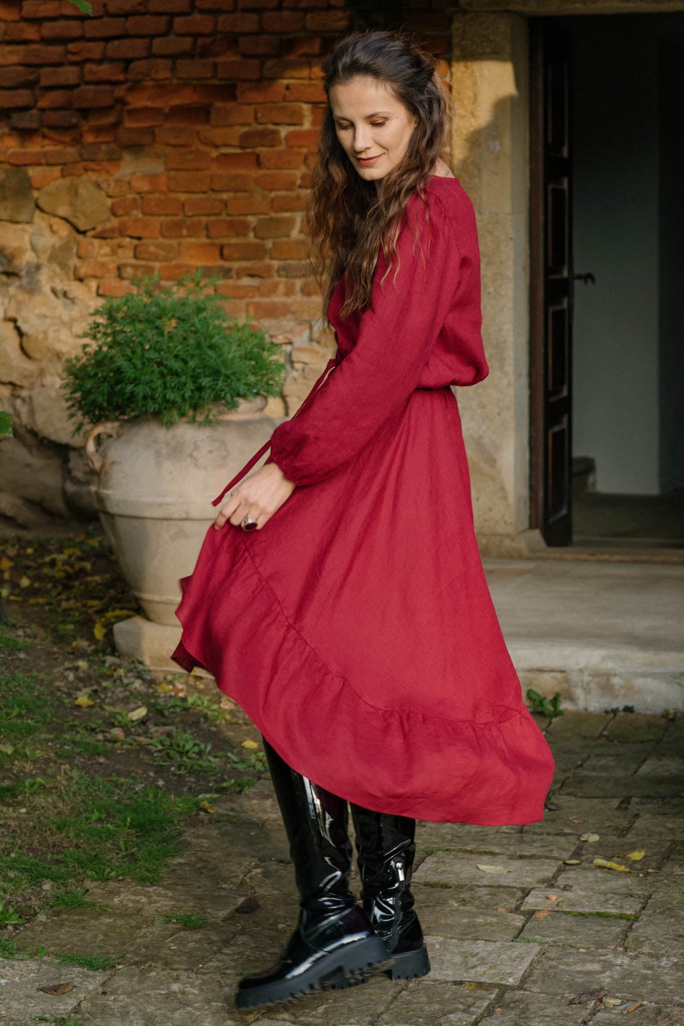 Story Ruffled Asymmetrical Dress Burgundy