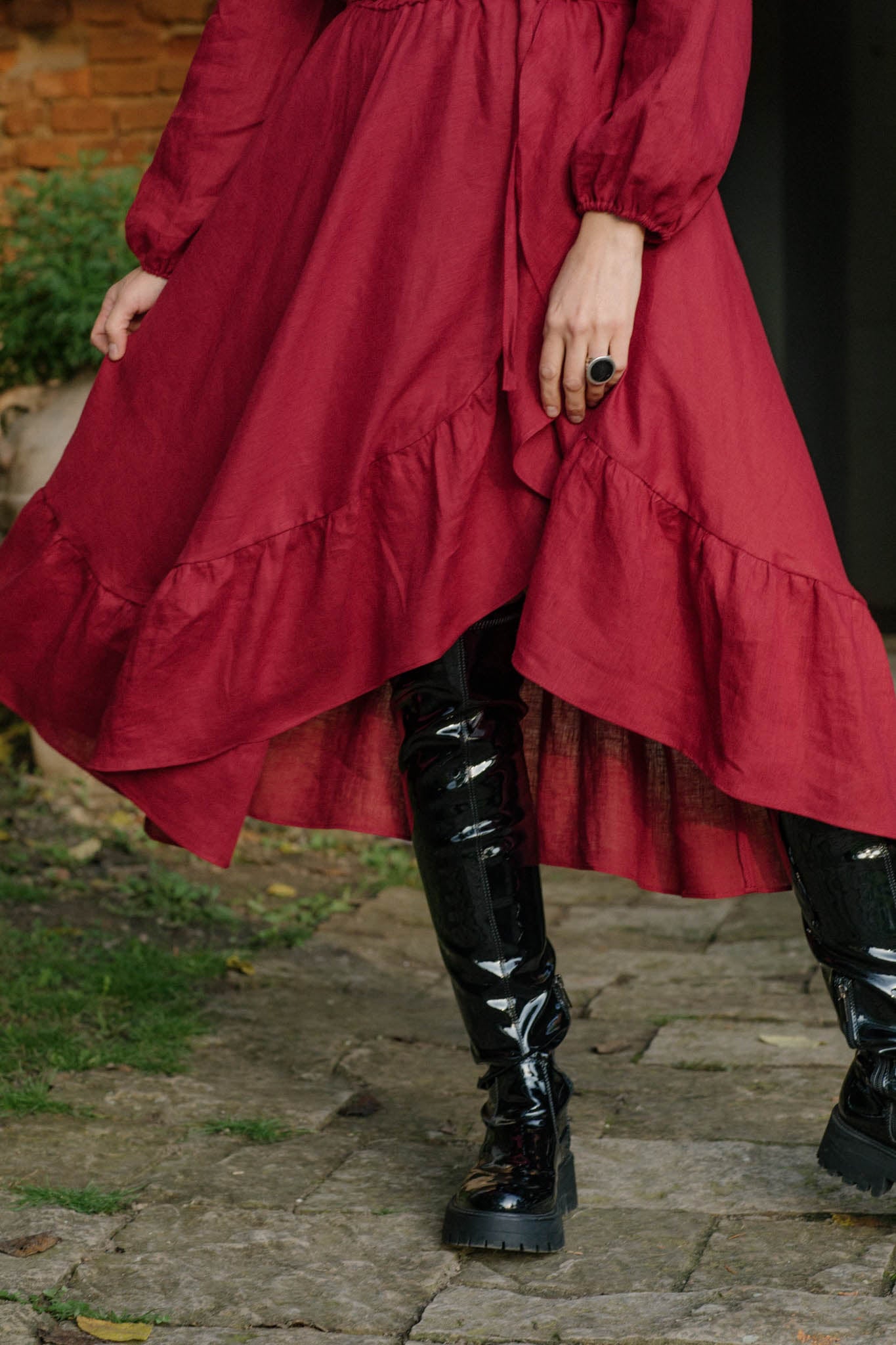 Story Ruffled Asymmetrical Dress Burgundy