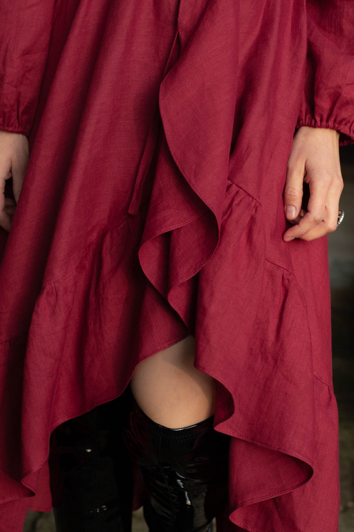 Story Ruffled Asymmetrical Dress Burgundy