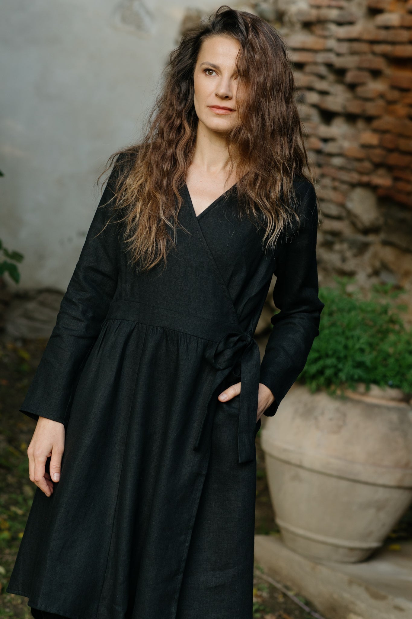 Long Sleeve Linen Wrap Dress Nora Black