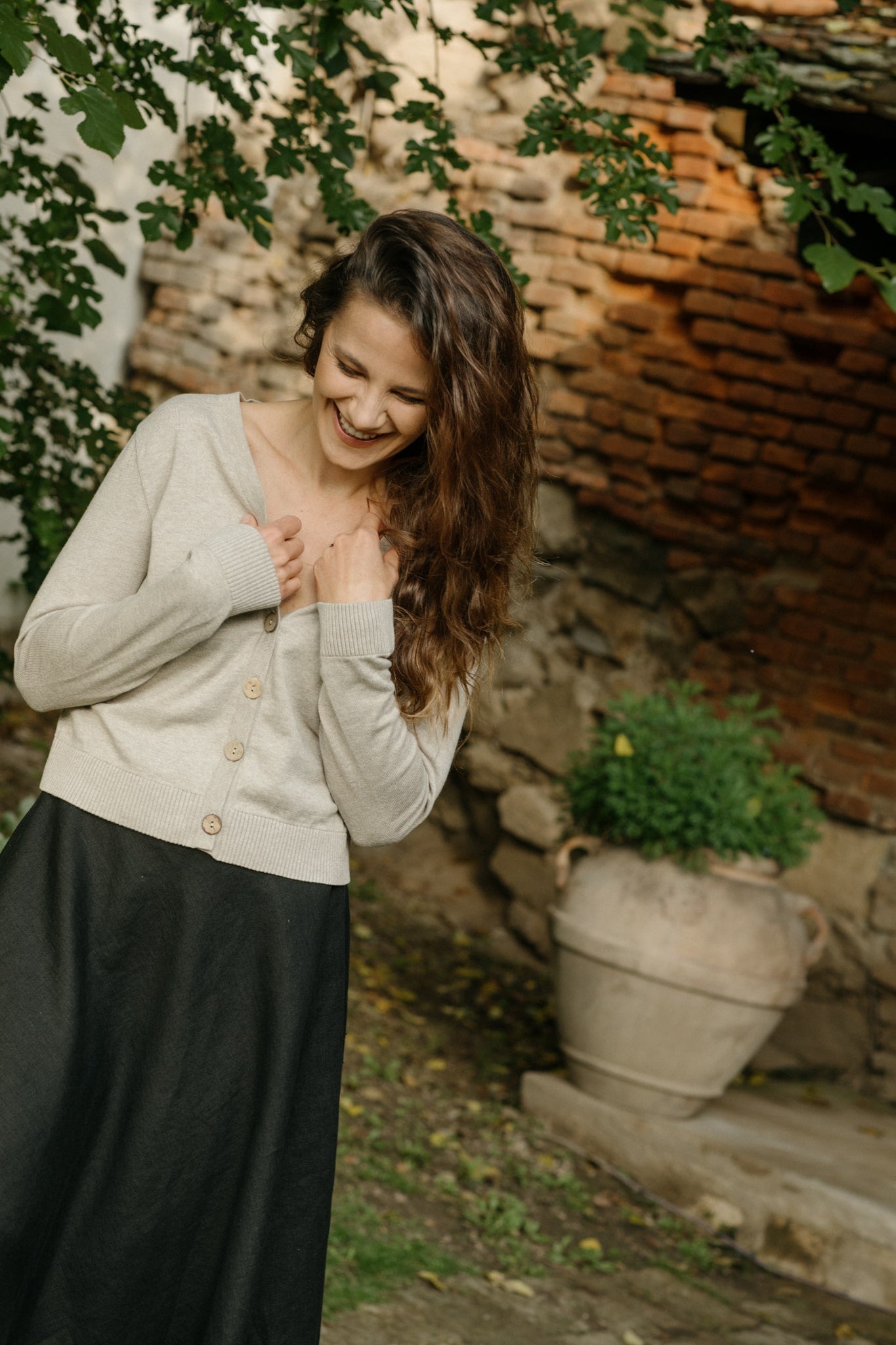 Finely knit organic cotton and wool button-up sweater