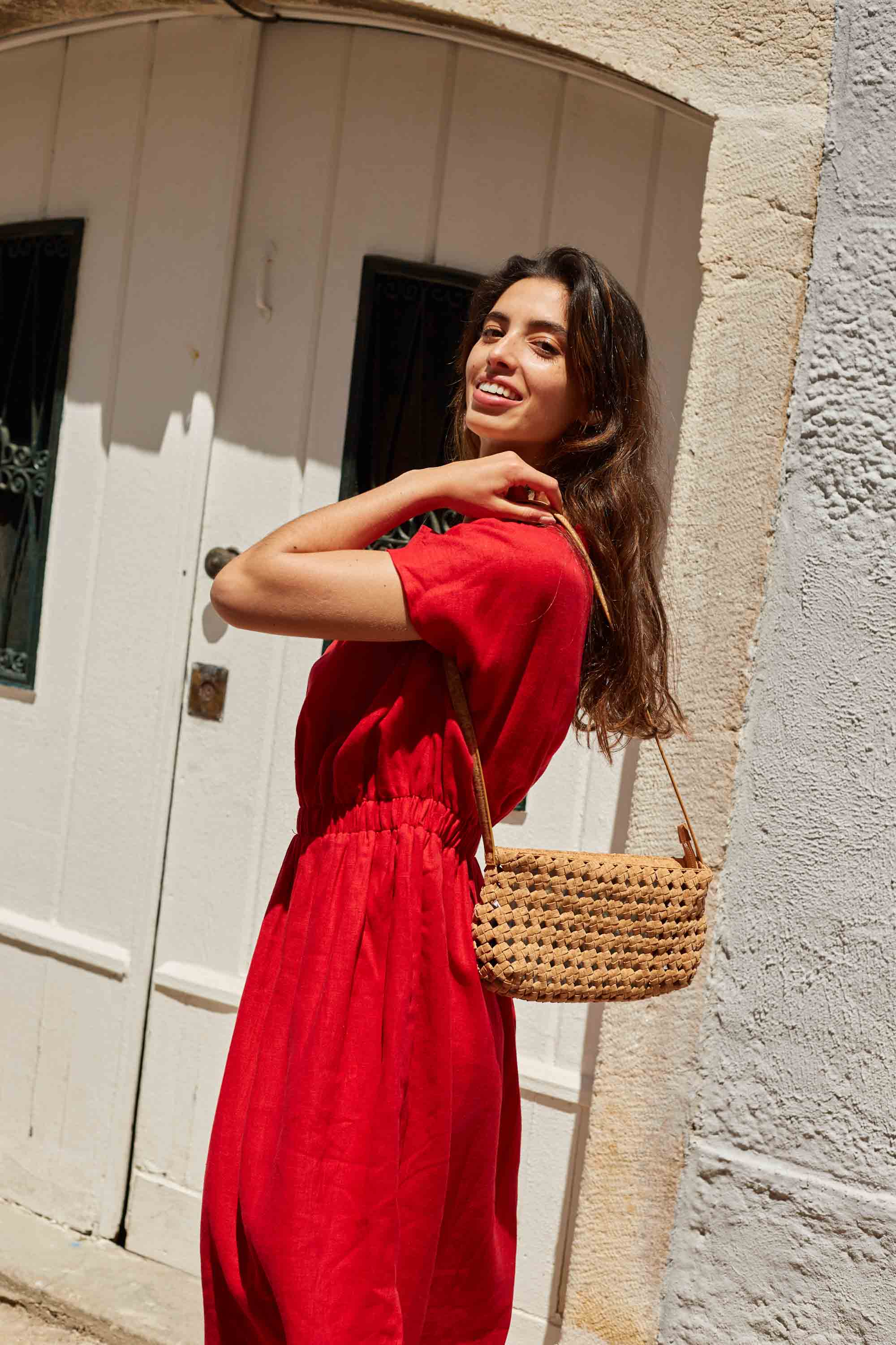 Long Linen Dress with Elasticated Waist Caroline Red