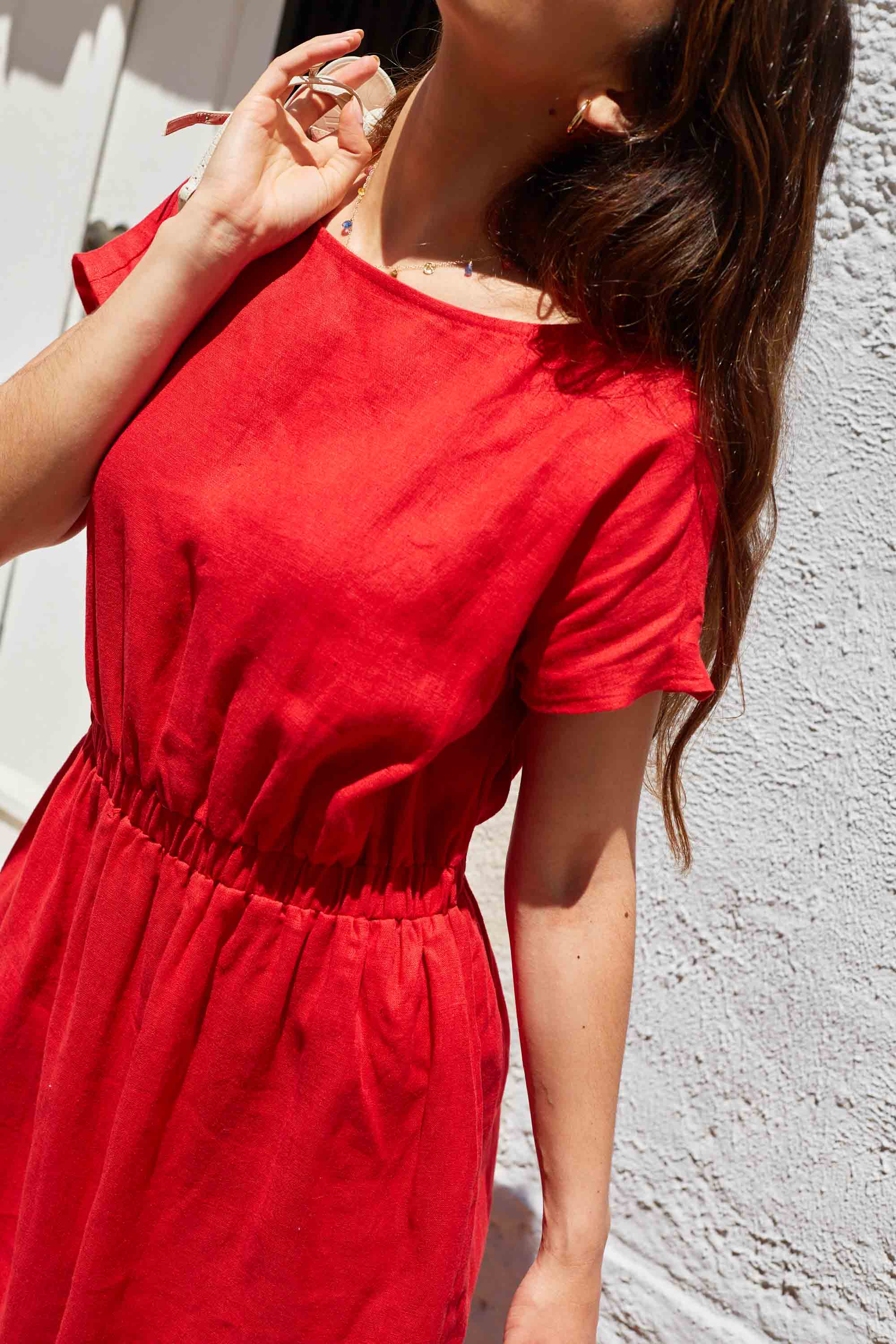 Long Linen Dress with Elasticated Waist Caroline Red