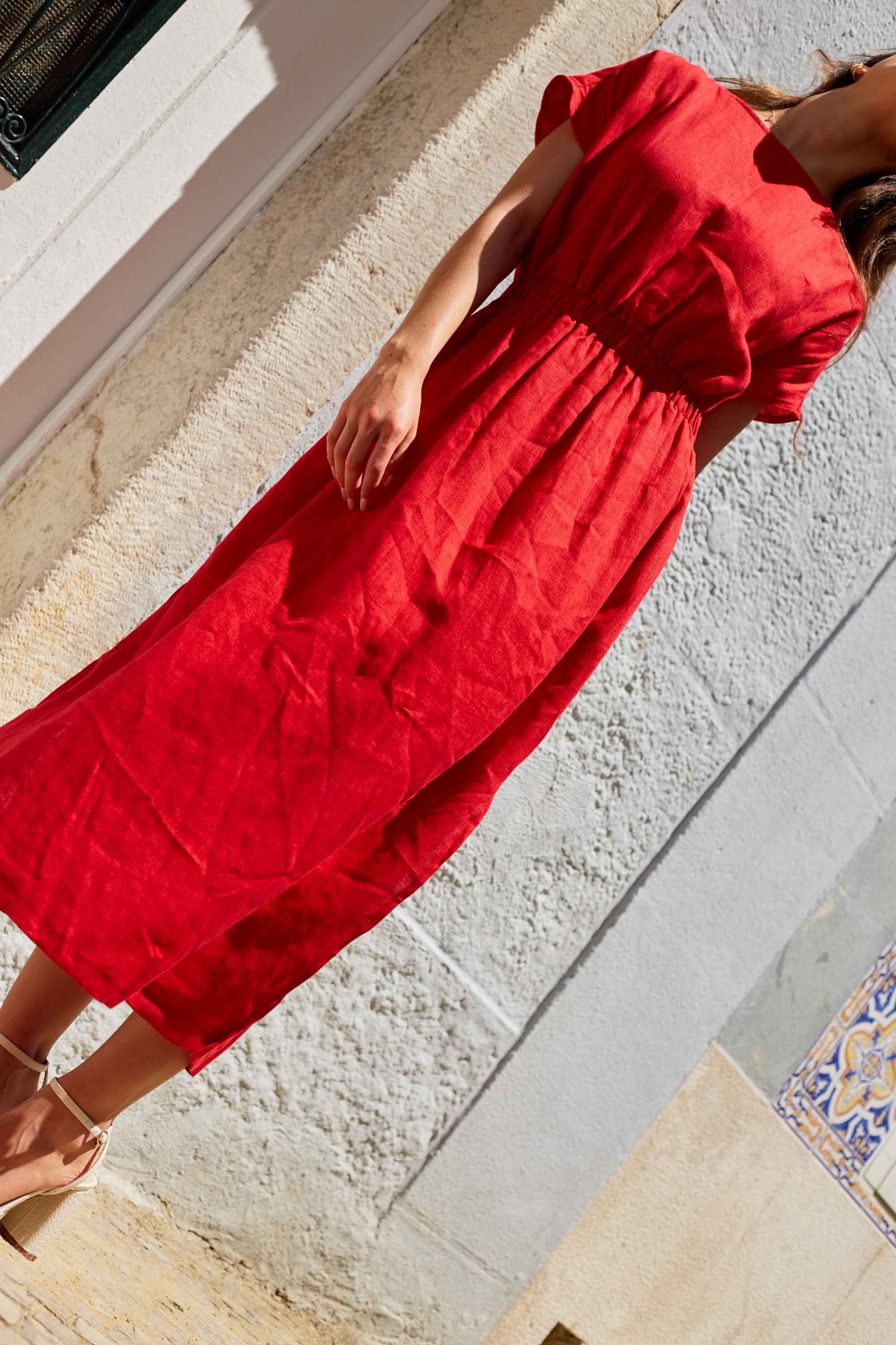 Long Linen Dress with Elasticated Waist Caroline Red