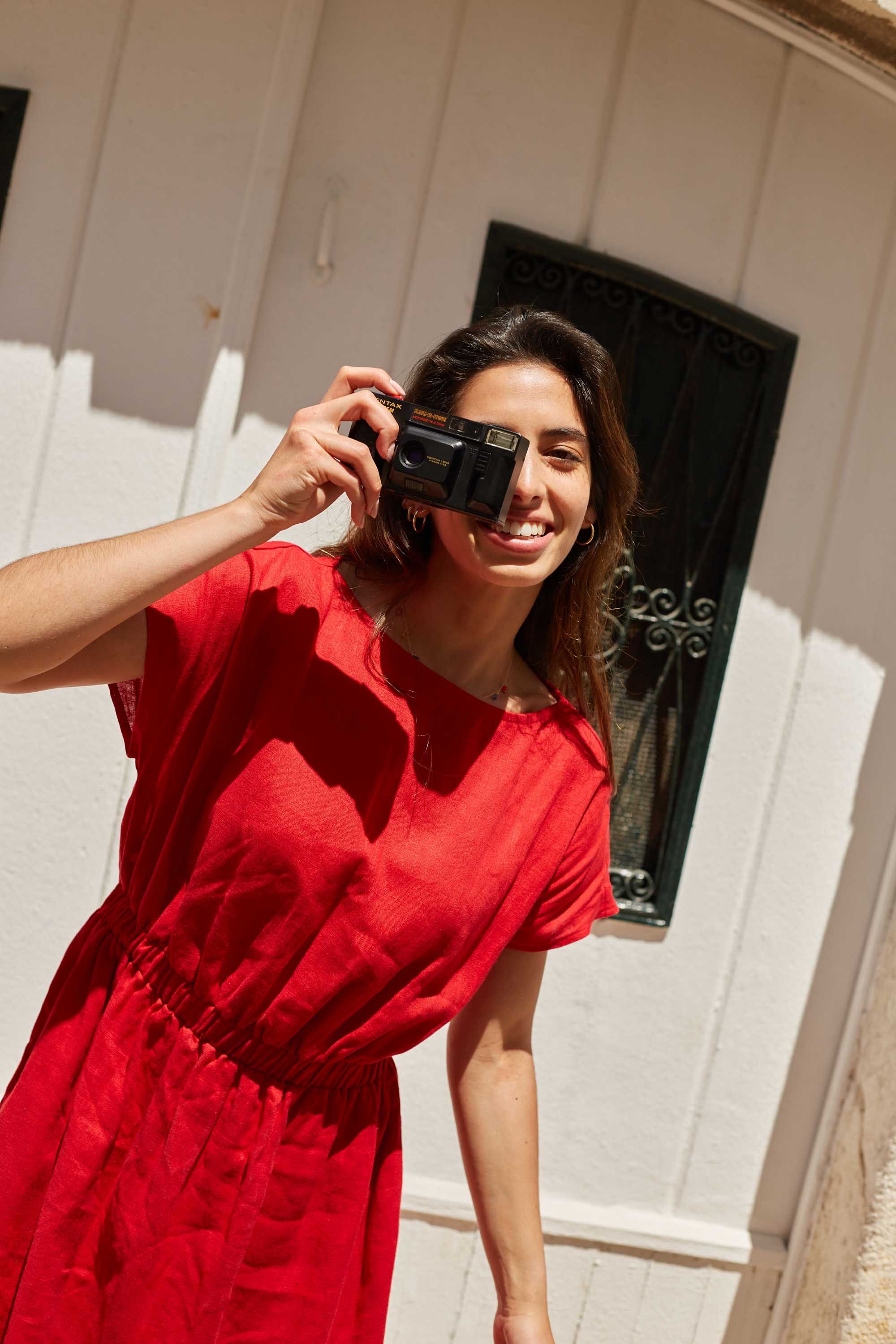 Long Linen Dress with Elasticated Waist Caroline Red