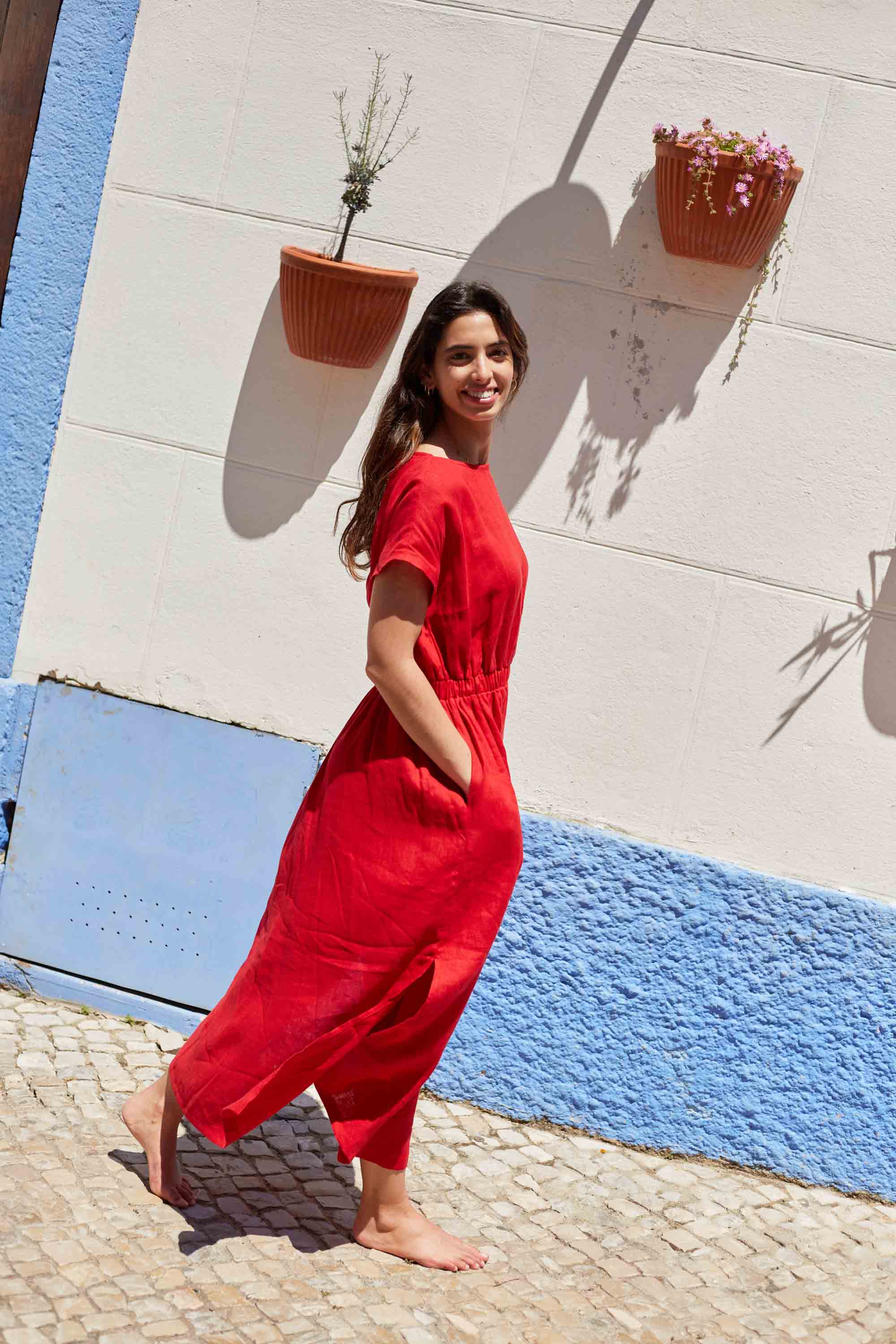 Long Linen Dress with Elasticated Waist Caroline Red
