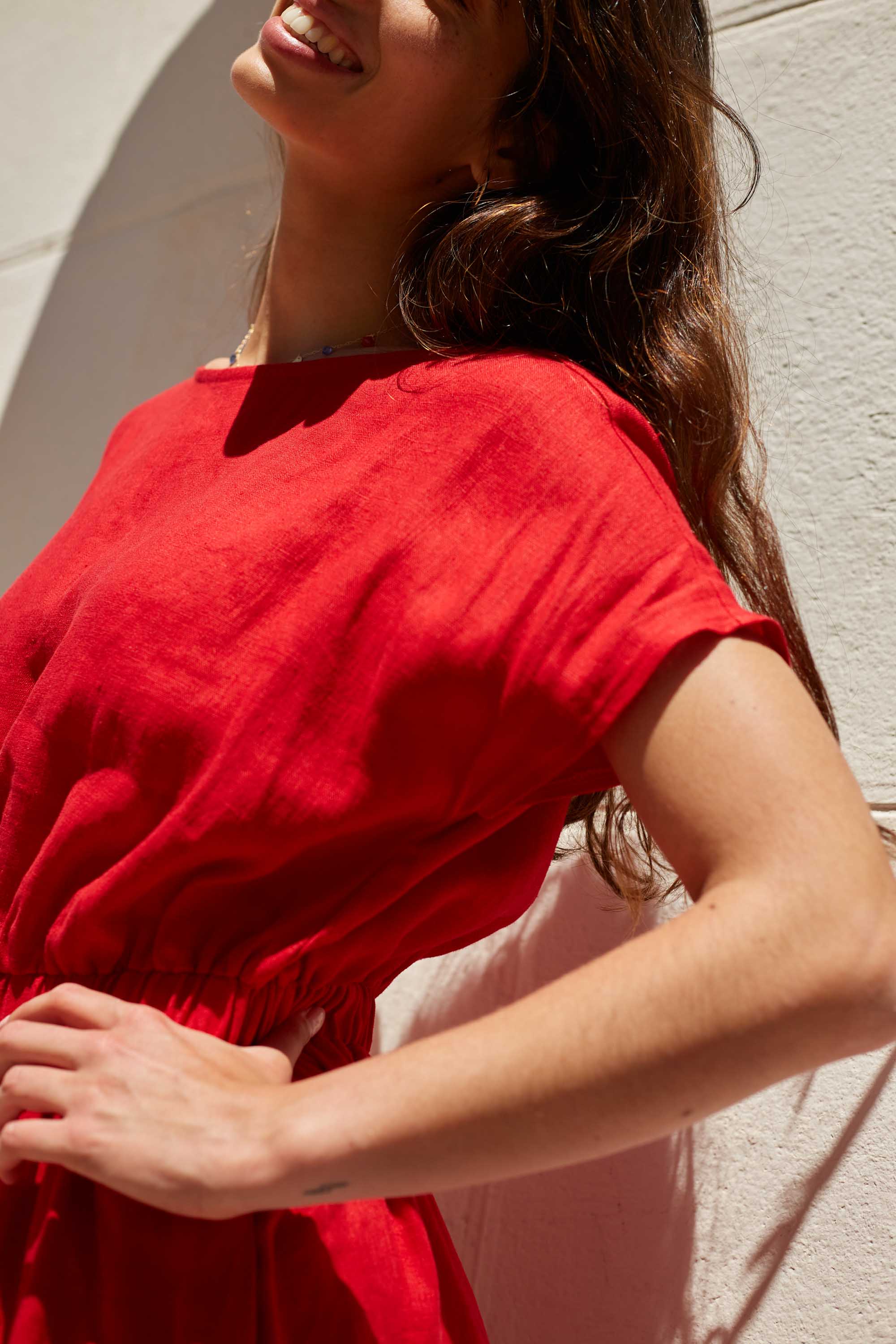 Long Linen Dress with Elasticated Waist Caroline Red