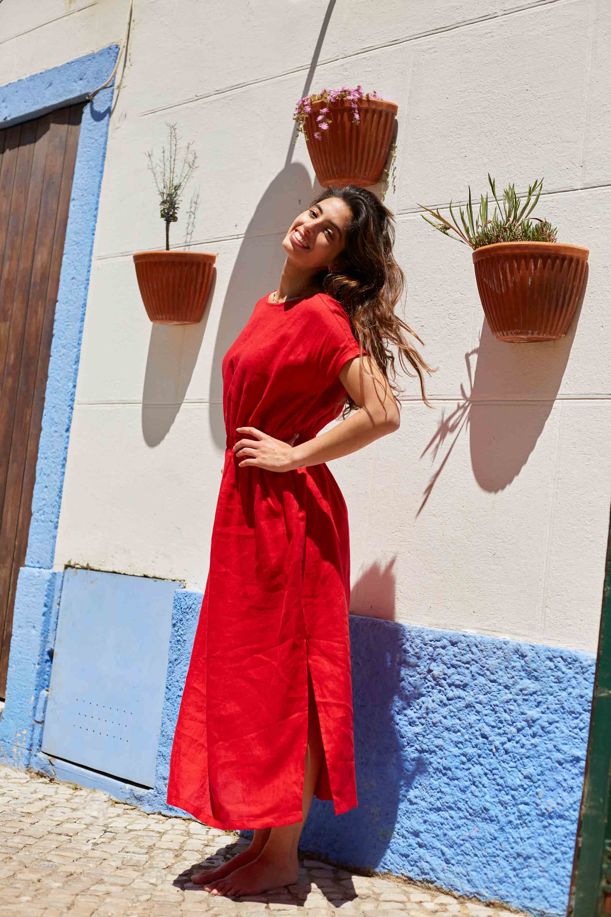 Long Linen Dress with Elasticated Waist Caroline Red