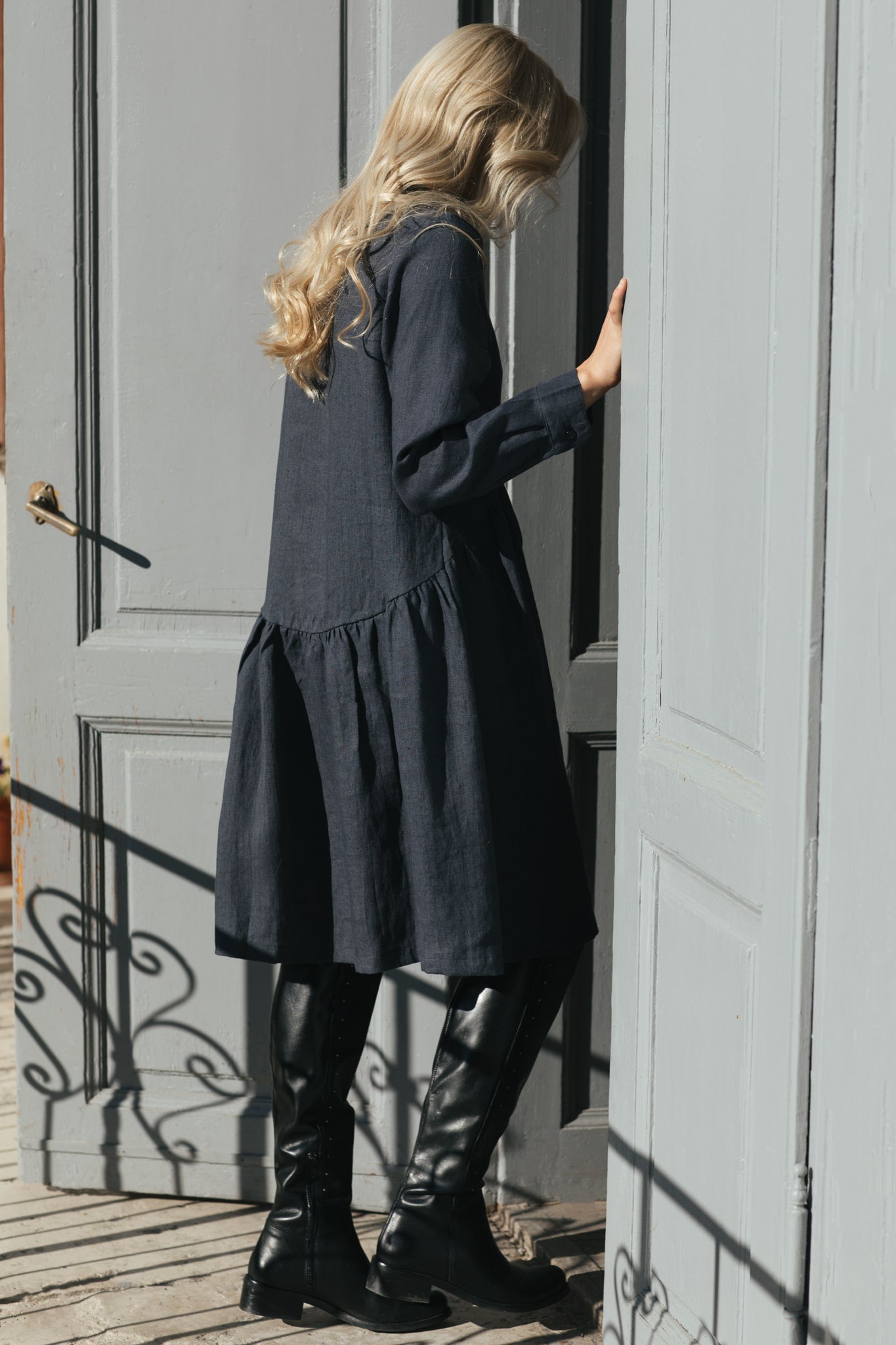 Long sleeve relaxed fit linen dress Ivy Dark Grey