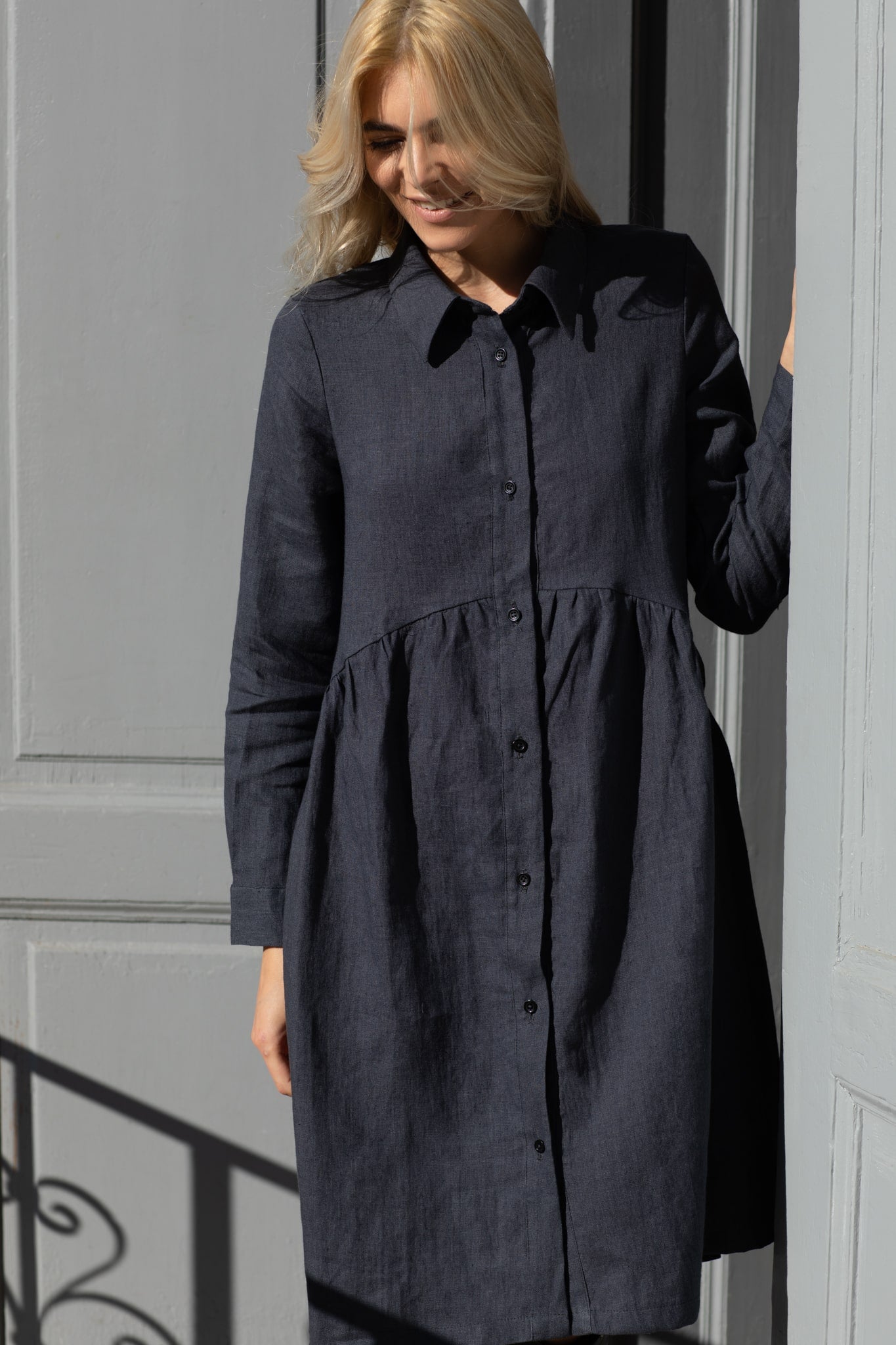Long sleeve relaxed fit linen dress Ivy Dark Grey