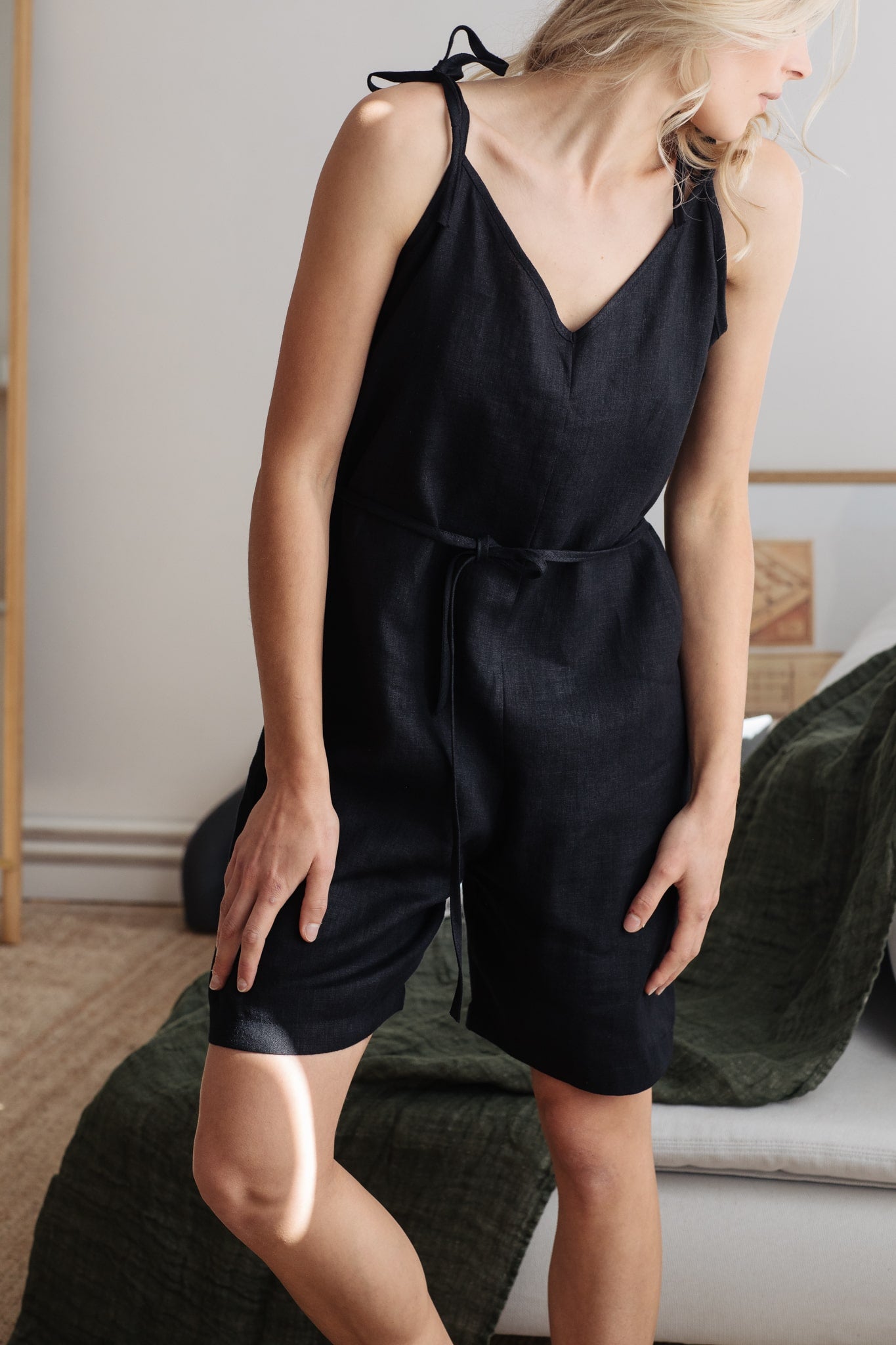Short linen overall - Premium Loungewear Black