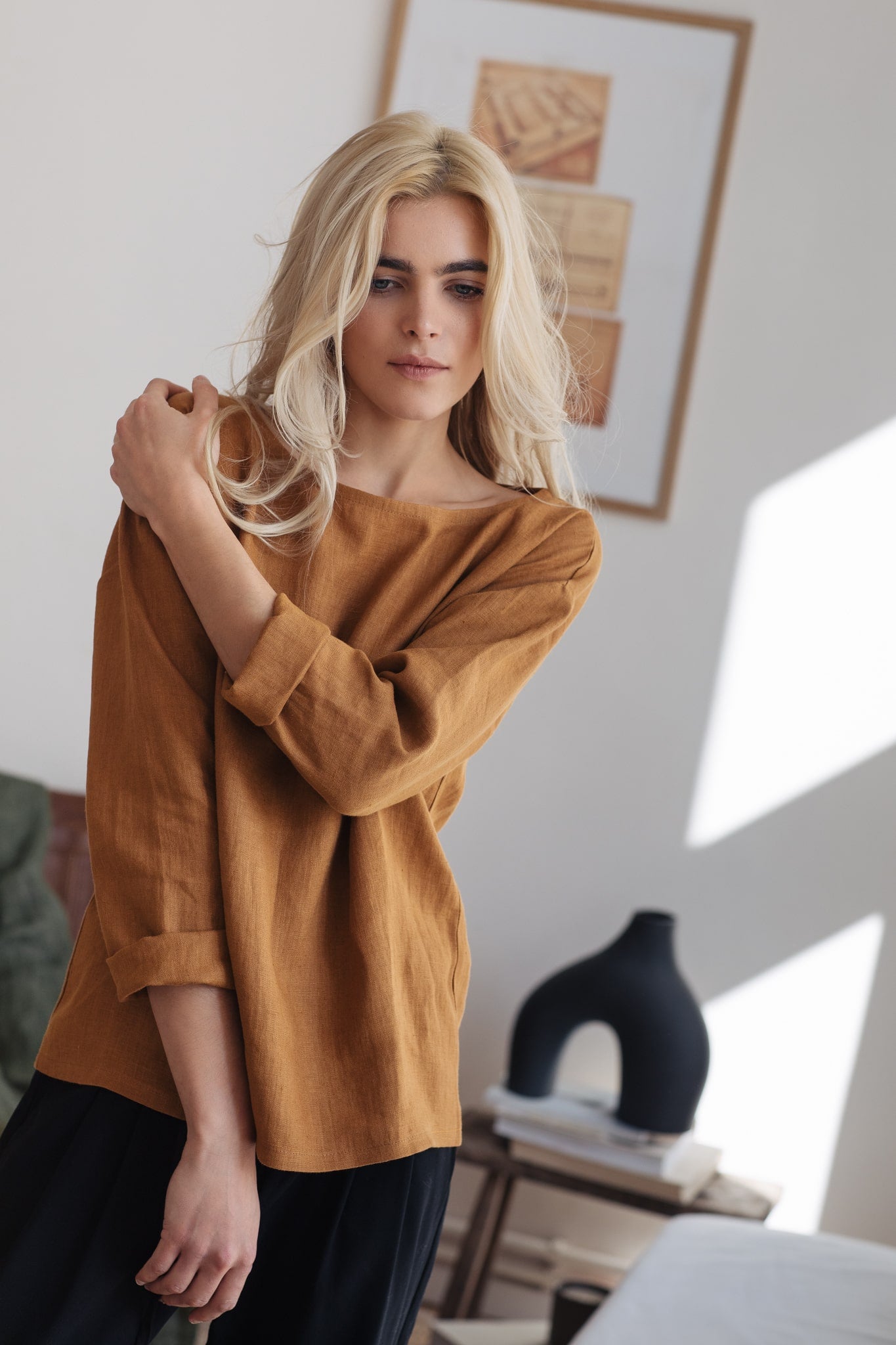 Mia Relaxed Fit Linen Blouse Caramel