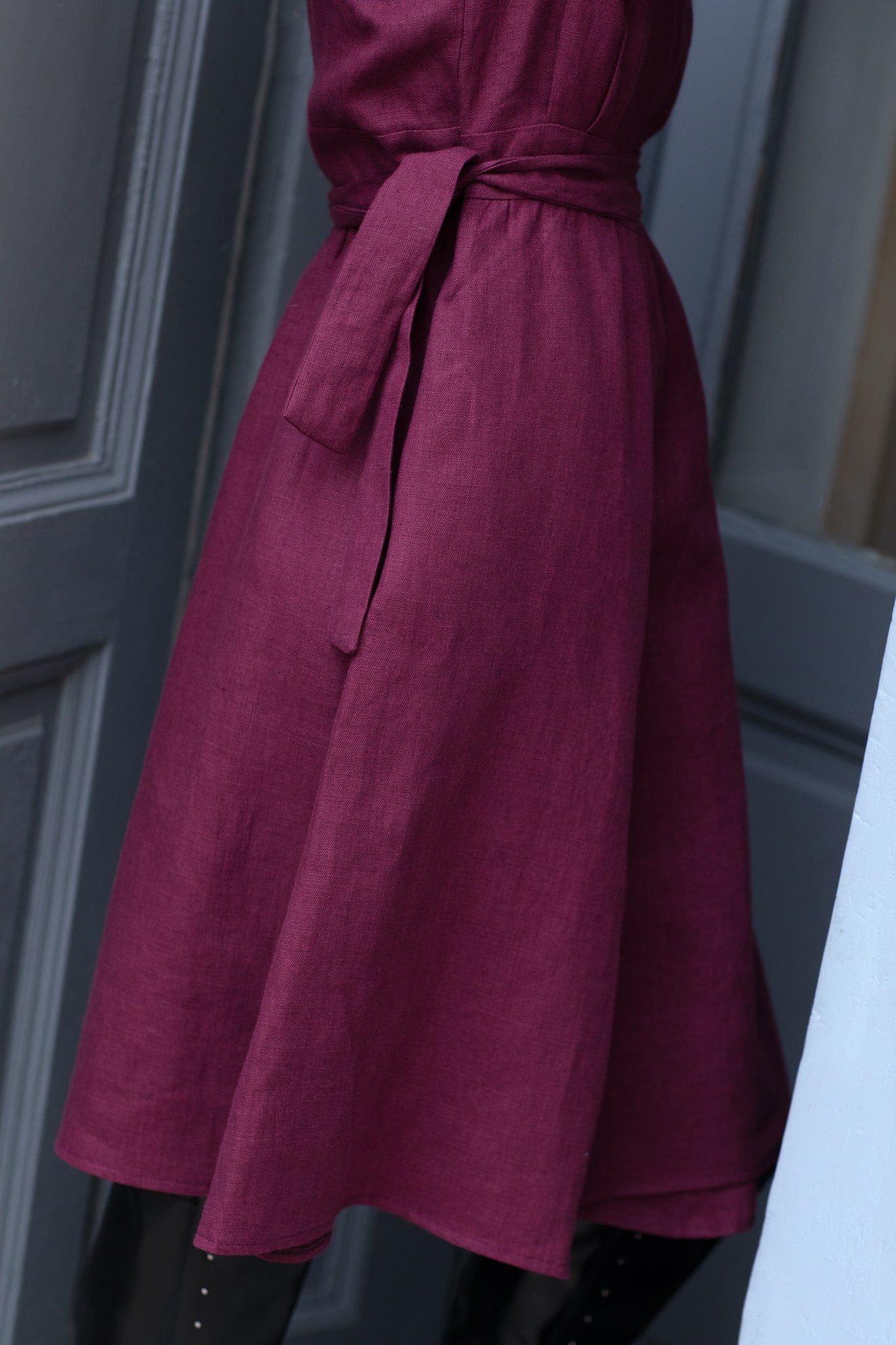 Nora Long Sleeve Wrap Linen Dress Plum