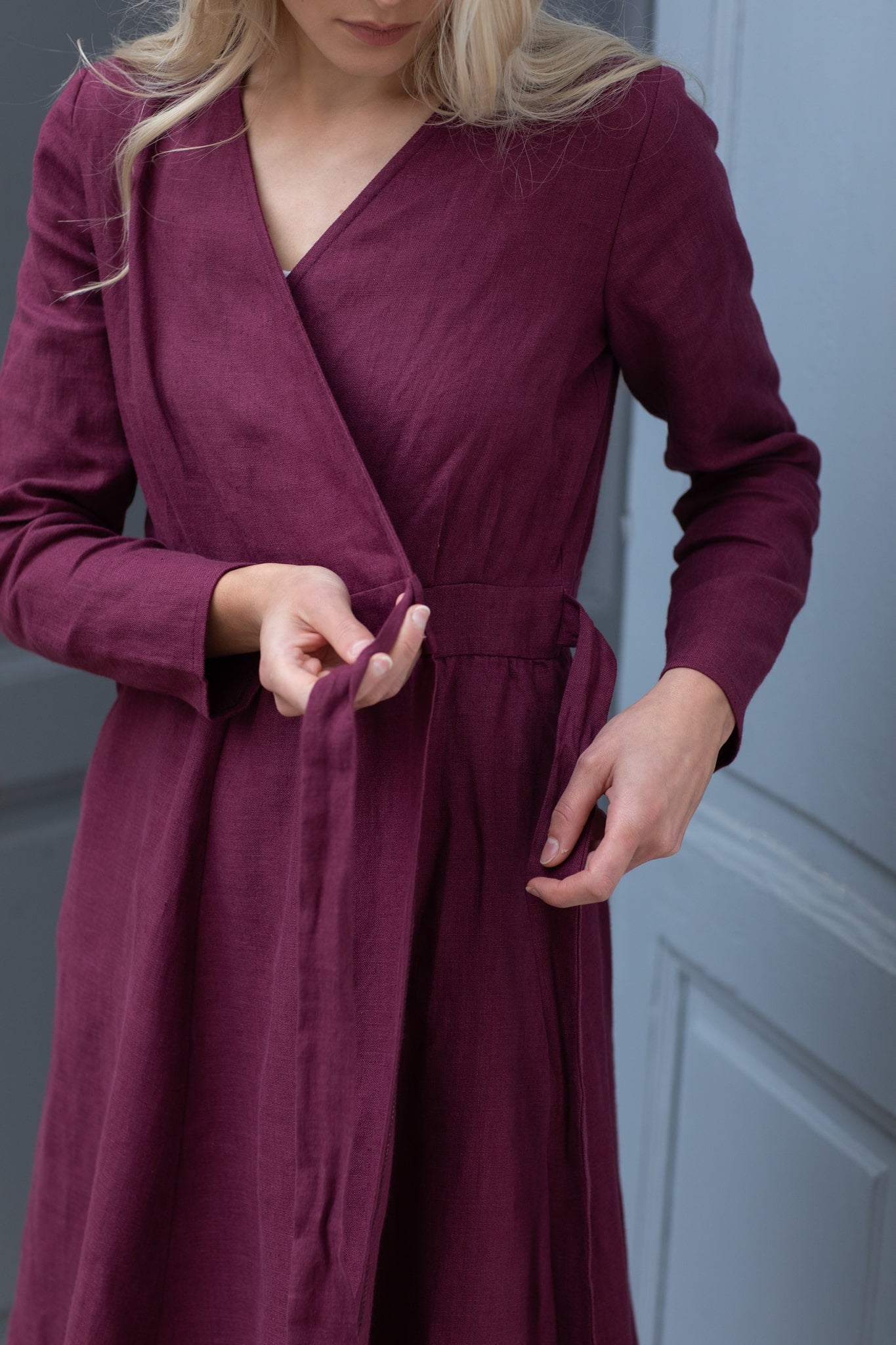 Nora Long Sleeve Wrap Linen Dress Plum