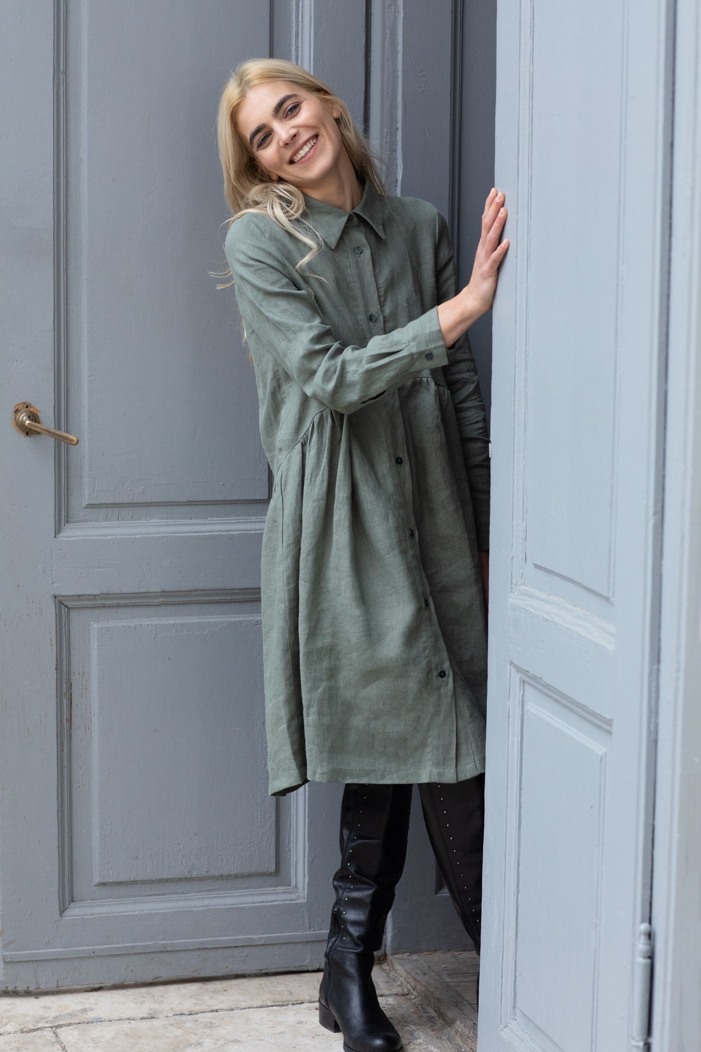 Ivy Long Sleeve Linen Dress Sage Green