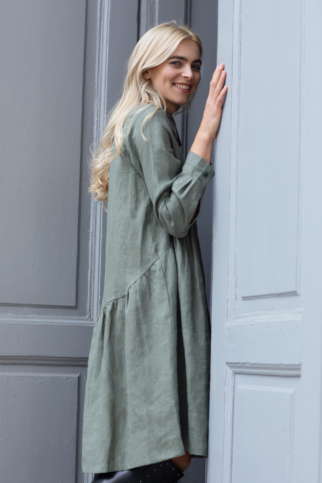 Ivy Long Sleeve Linen Dress Sage Green