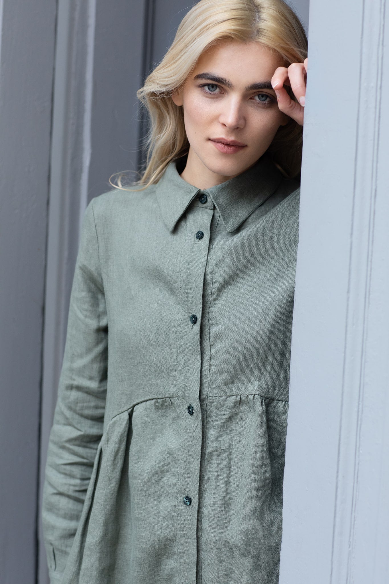 Ivy Long Sleeve Linen Dress Sage Green