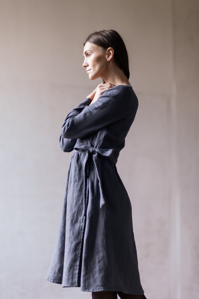 Nora Linen Wrap Dress with Long Sleeves Dark Grey