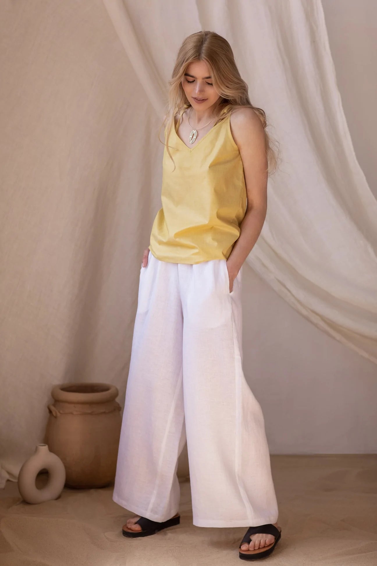 Wide Linen Trousers Porto White