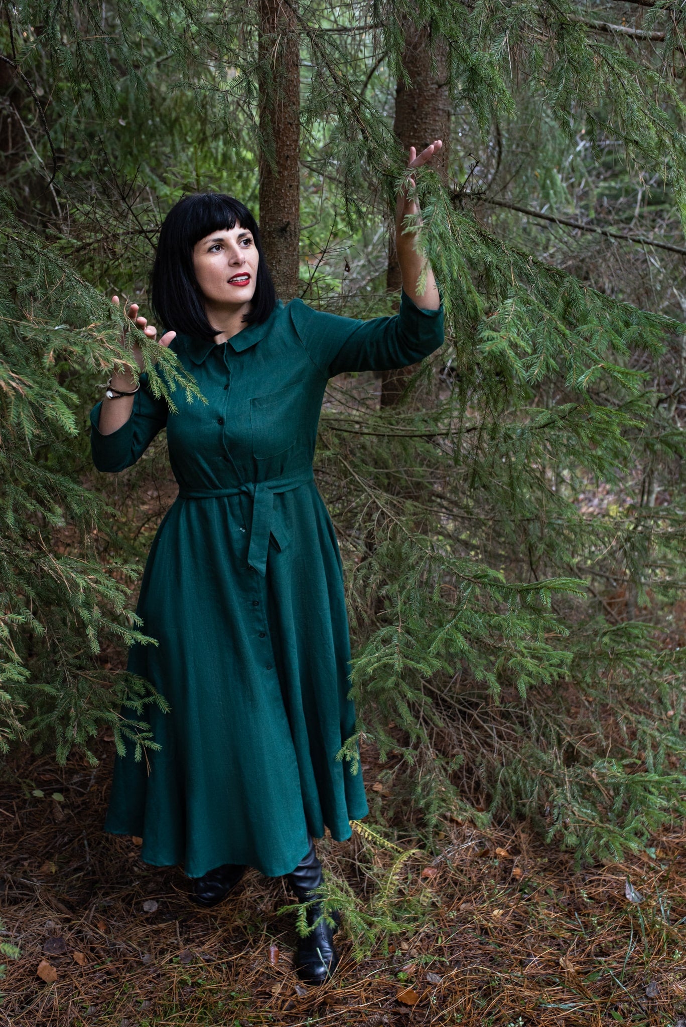 Linen Shirt Dress Forest Green
