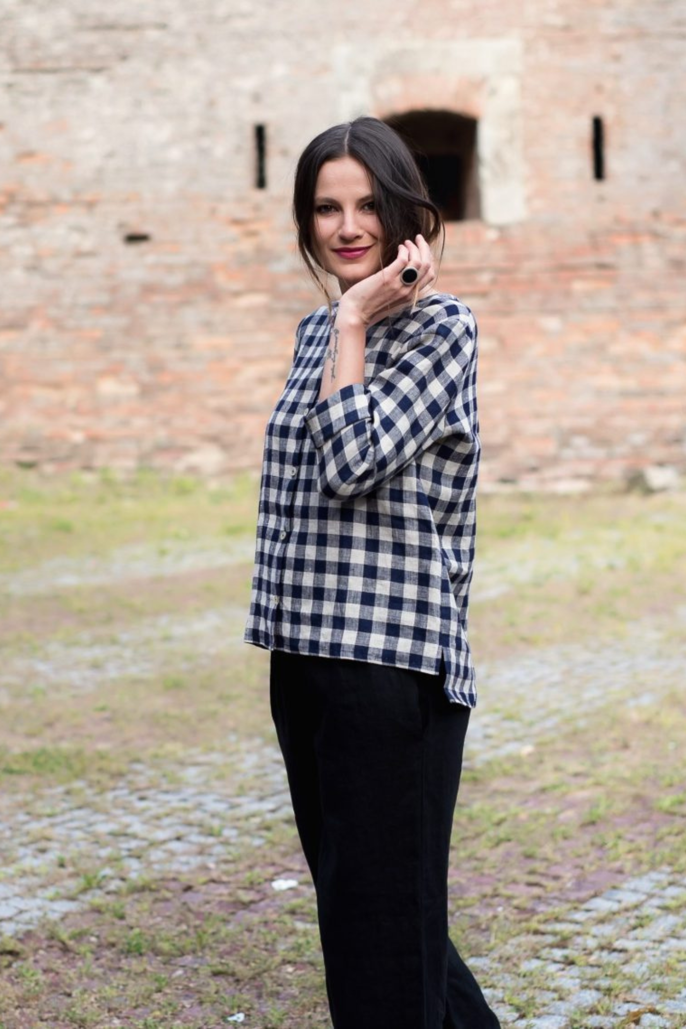 Katelyn Linen Blouse with Buttons Gingham Blue