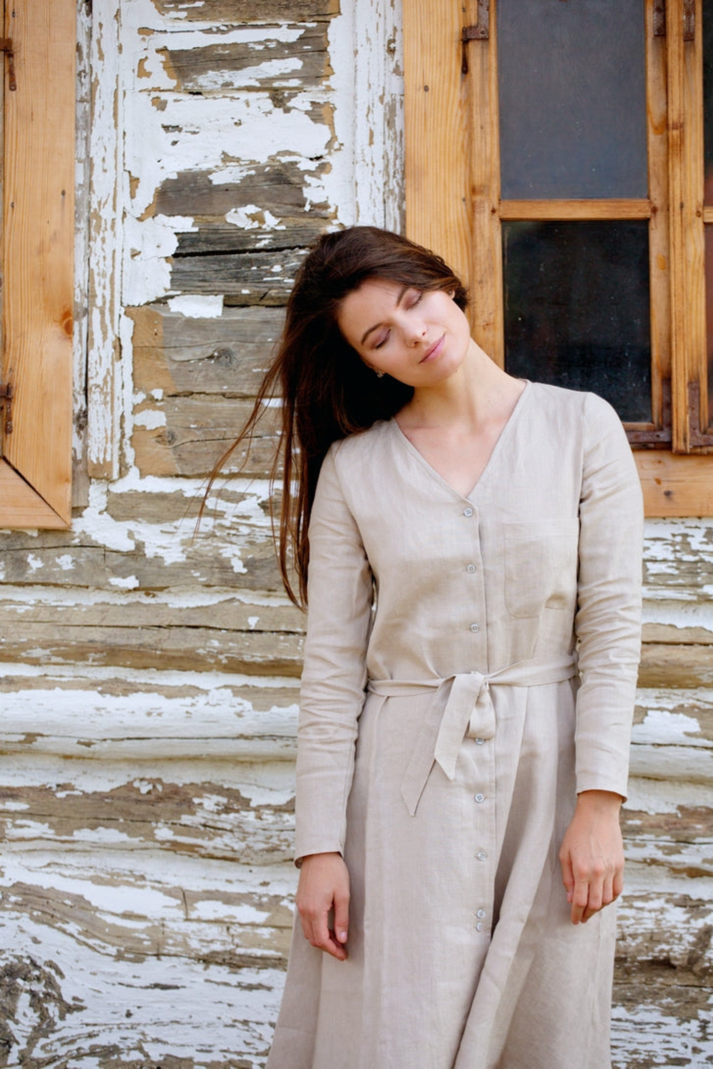 Long Sleeve Linen Dress Agatha Sand