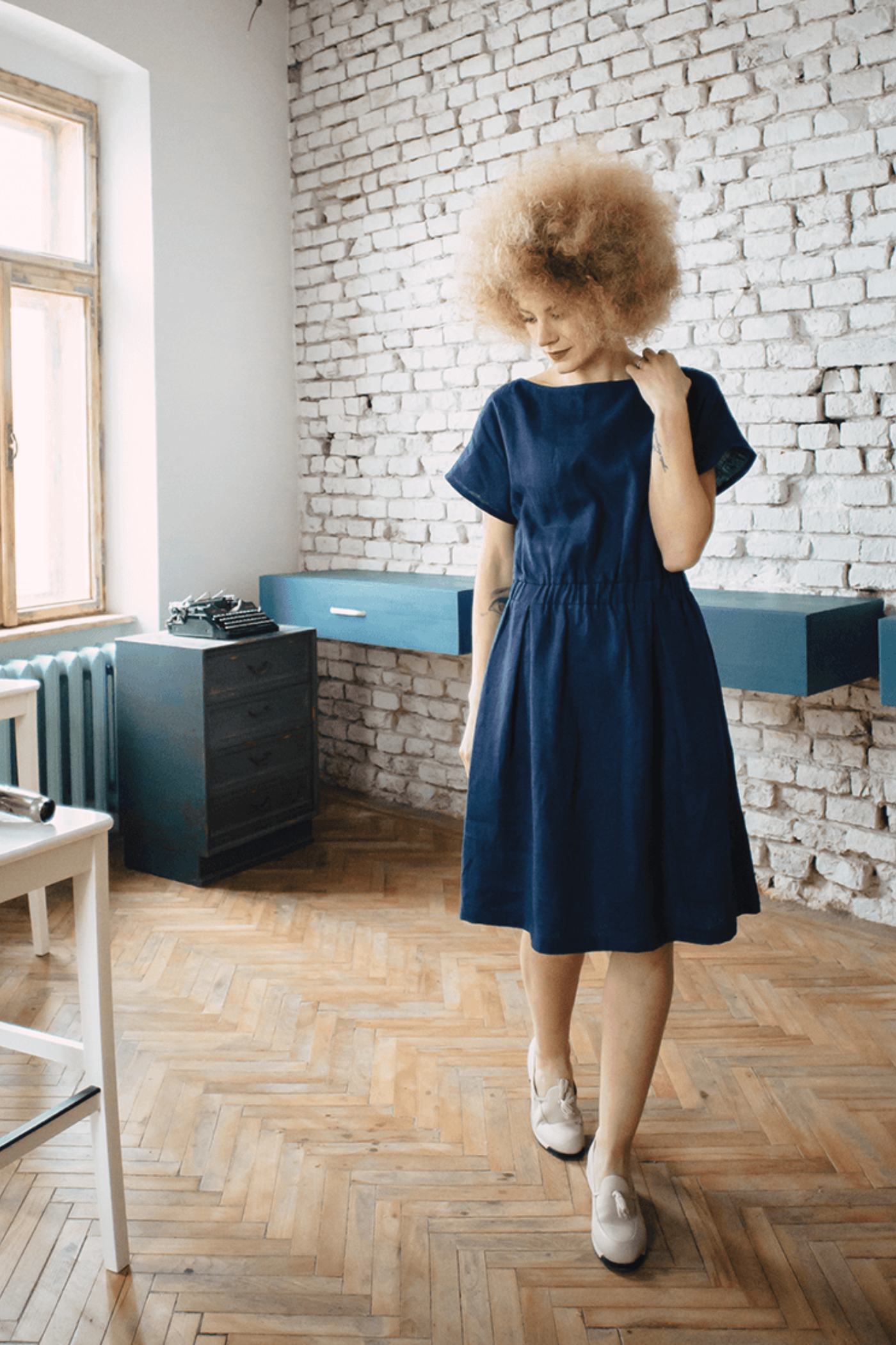 Linen Dress with Elasticated Waist Play Navy