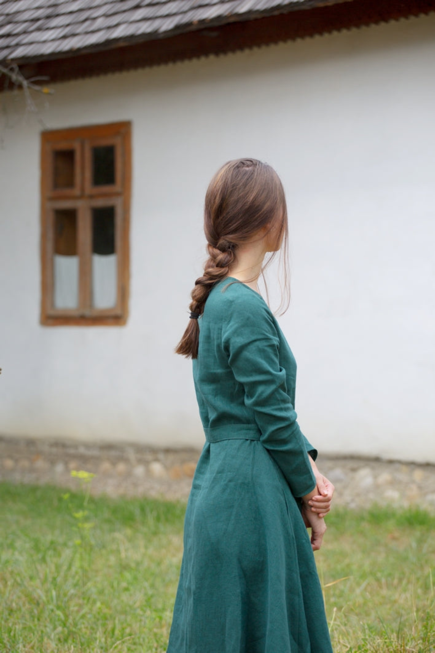 Agatha Long Sleeve Linen Dress Forest Green