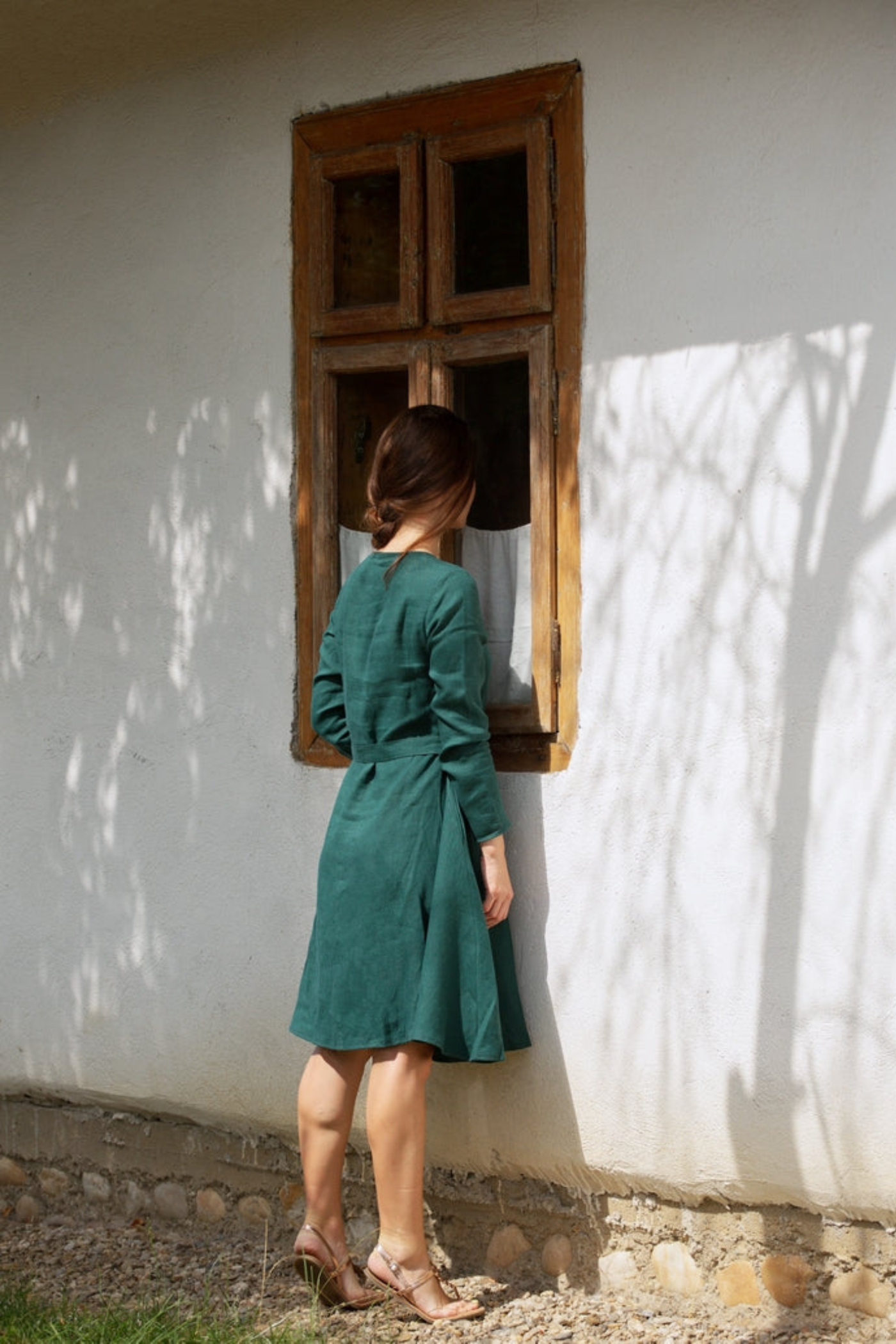 Agatha Long Sleeve Linen Dress Forest Green