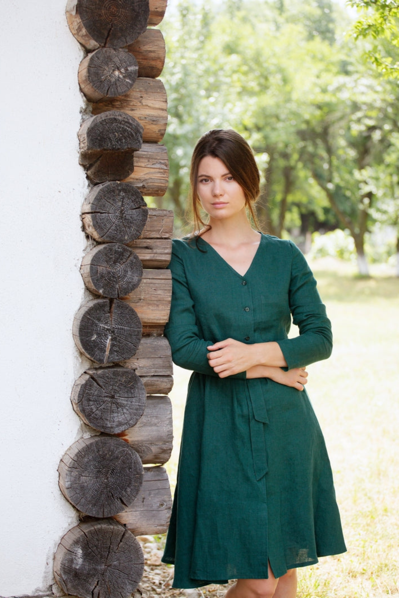 Agatha Long Sleeve Linen Dress Forest Green