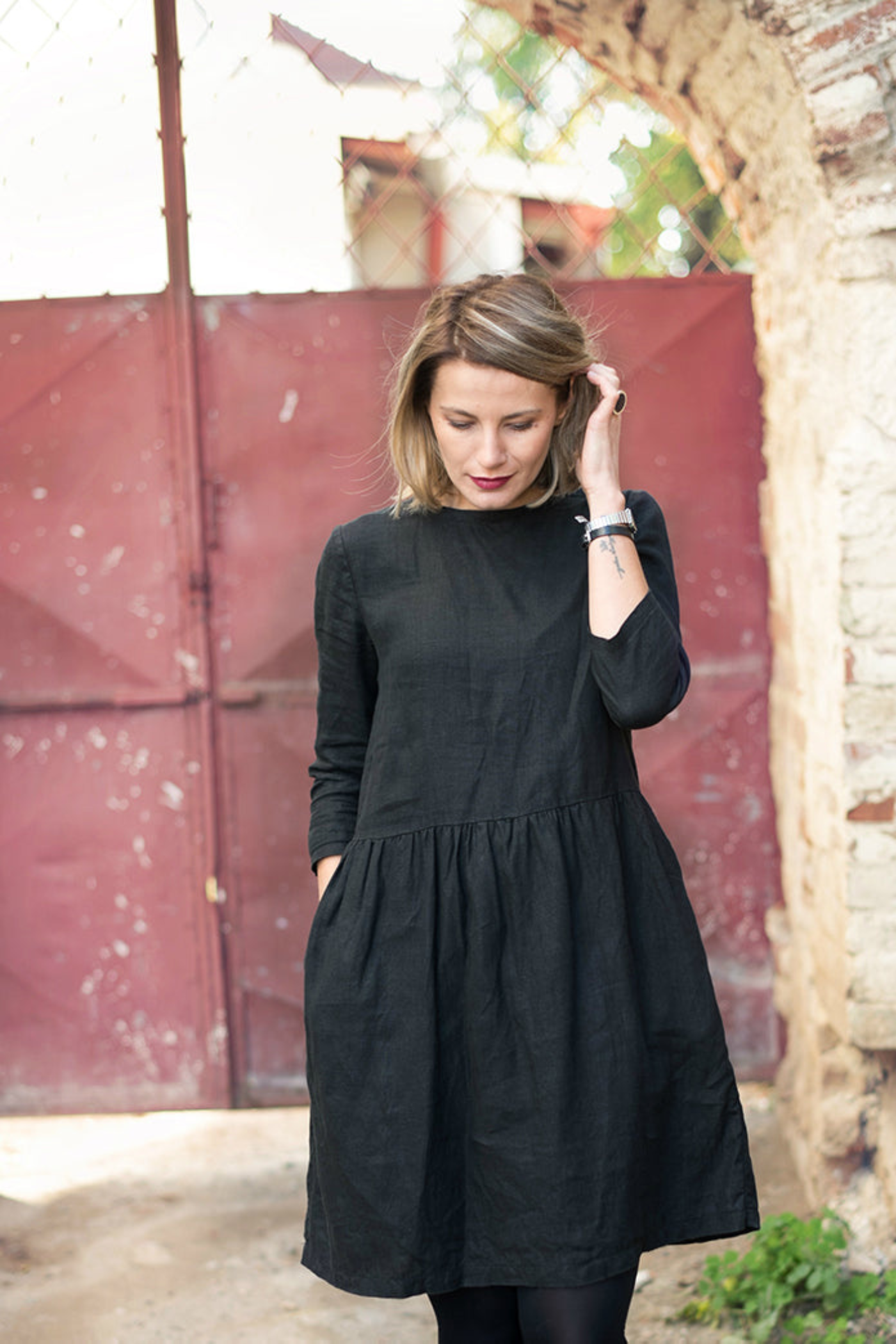 Gathered Linen Dress Anne Black